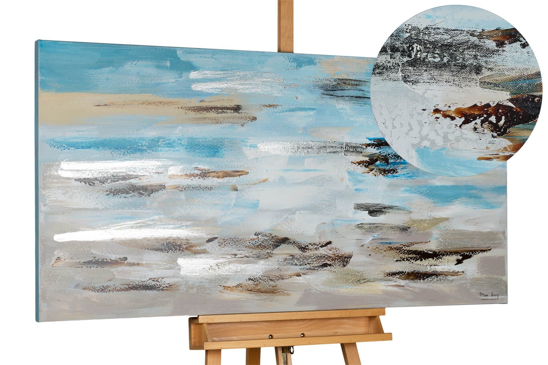KUNSTLOFT Gemälde Meeresbrandung im Morgendunst 140x70 cm, Leinwandbild 100% HANDGEMALT Wandbild Wohnzimmer blau, grau