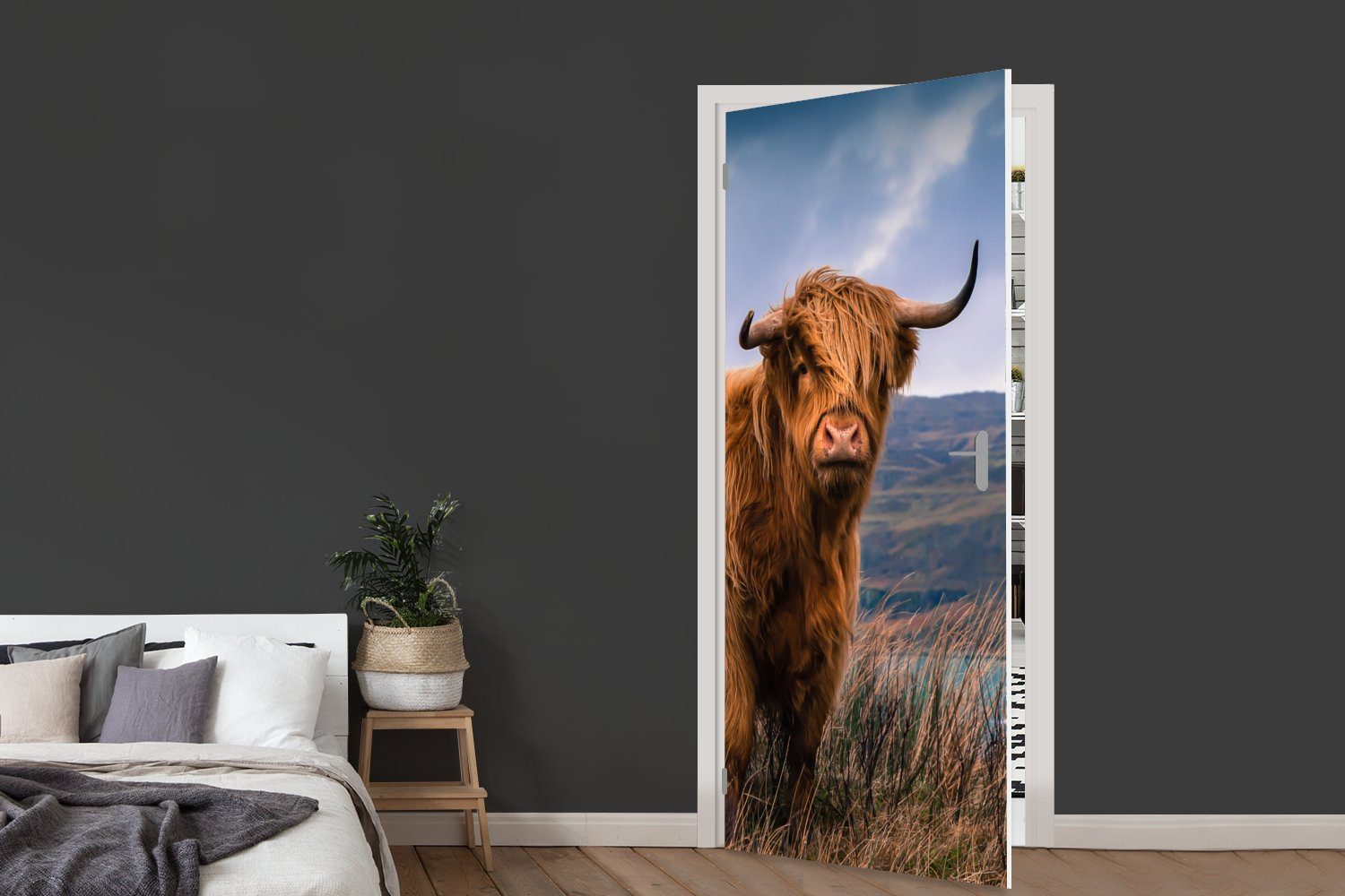 Matt, Natur, bedruckt, MuchoWow Himmel Türaufkleber, - Türtapete cm - für 75x205 (1 Tür, St), Schottische Highlander Fototapete