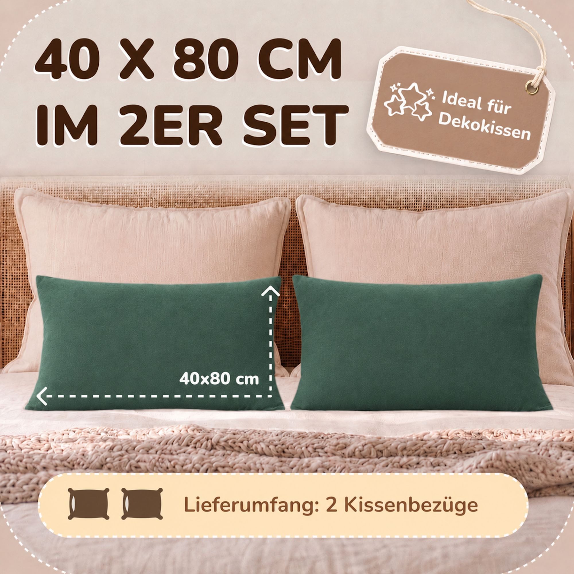 leevitex® Kissenbezüge 40 x 80 cm, 2er-Set, Dunkelgrün, (2 Stück), feine Jersey-Qualität, 100% Baumwolle, robuster Reißverschluss