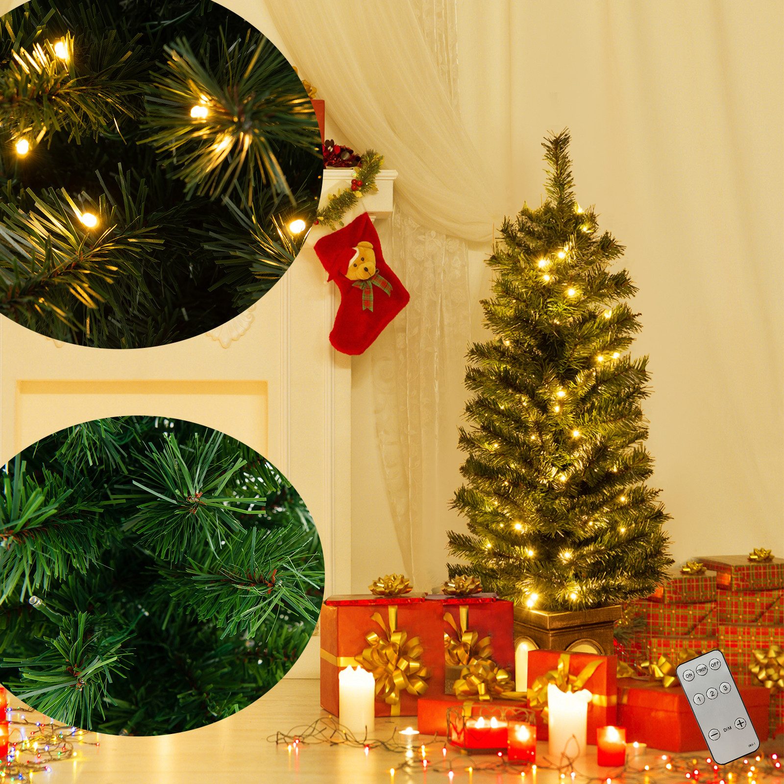 COSTWAY Künstlicher Weihnachtsbaum 120 cm Tannenbaum im Topf, 120cm im Topf, 3 Lichtmodi, 160 Spitzen