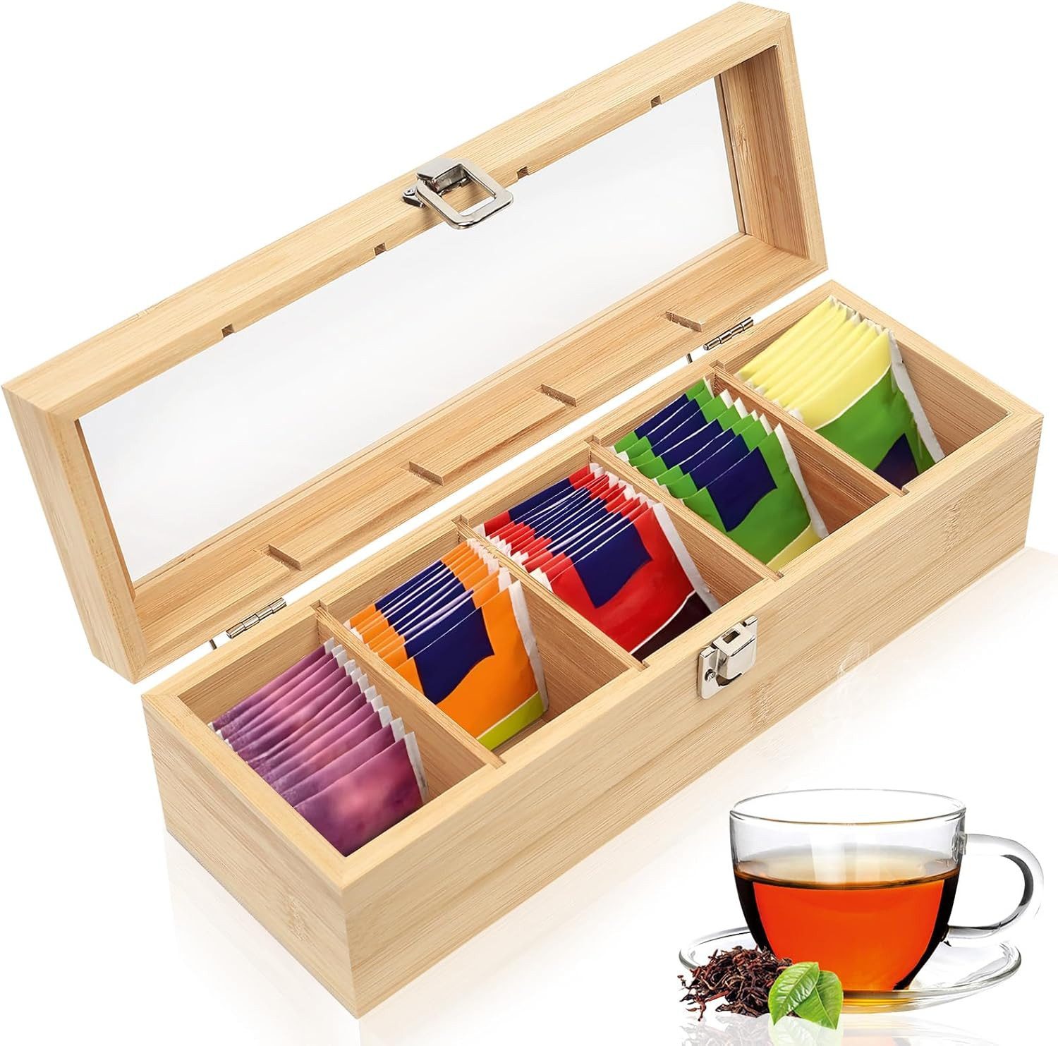 BlingBin Teedose Bambus Teebox mit 5 Fächern und transparentem Acrylglasdeckel, Bambus, (1 Stück, 1-tlg., Außenmaße (L × B × H): 30 × 10 × 19 cm), platzsparende Aufbewahrungsbox für bis zu 100 Teebeutel &  Kaffeebeutel
