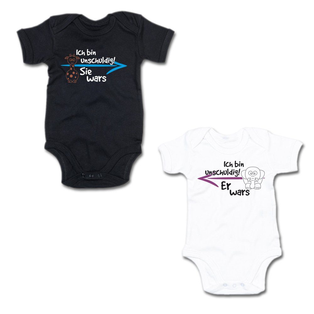 G-graphics Kurzarmbody Ich bin unschuldig! – Sie wars & Er wars (Zwillingsset / Twinset, 2-tlg., Baby-Body-Set) für Zwillinge / Twins mit Sprüchen