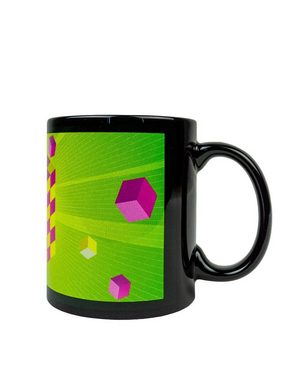 PSYWORK Tasse Fluo Cup Neon Motiv Tasse "Slanted Cube Pink", Keramik, UV-aktiv, leuchtet unter Schwarzlicht