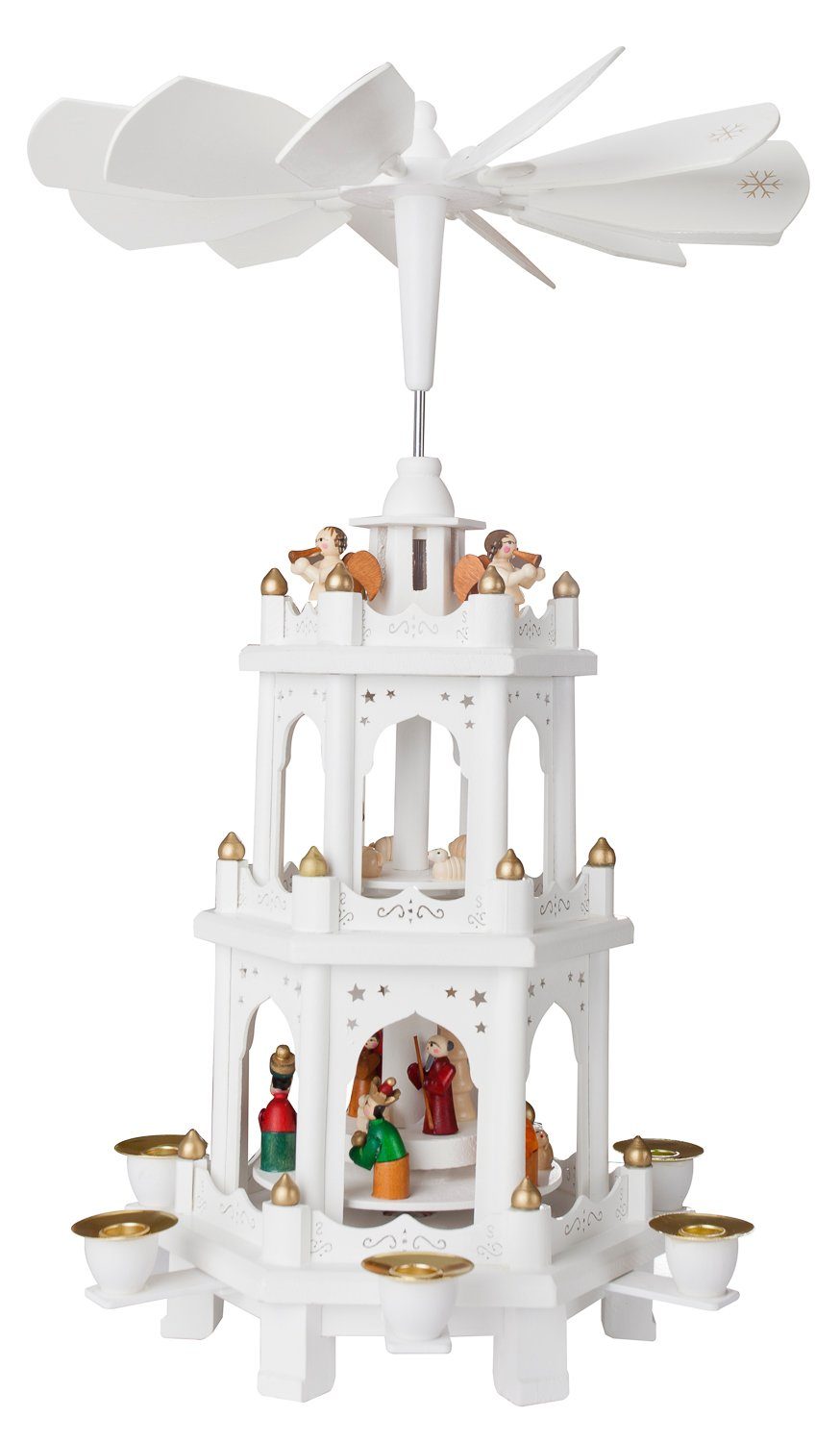 BRUBAKER Weihnachtspyramide Weiße Holzpyramide mit 3 Etagen, Pyramide Weihnachten, Tischpyramide aus Holz, 45 cm hoch, handbemalte Figuren