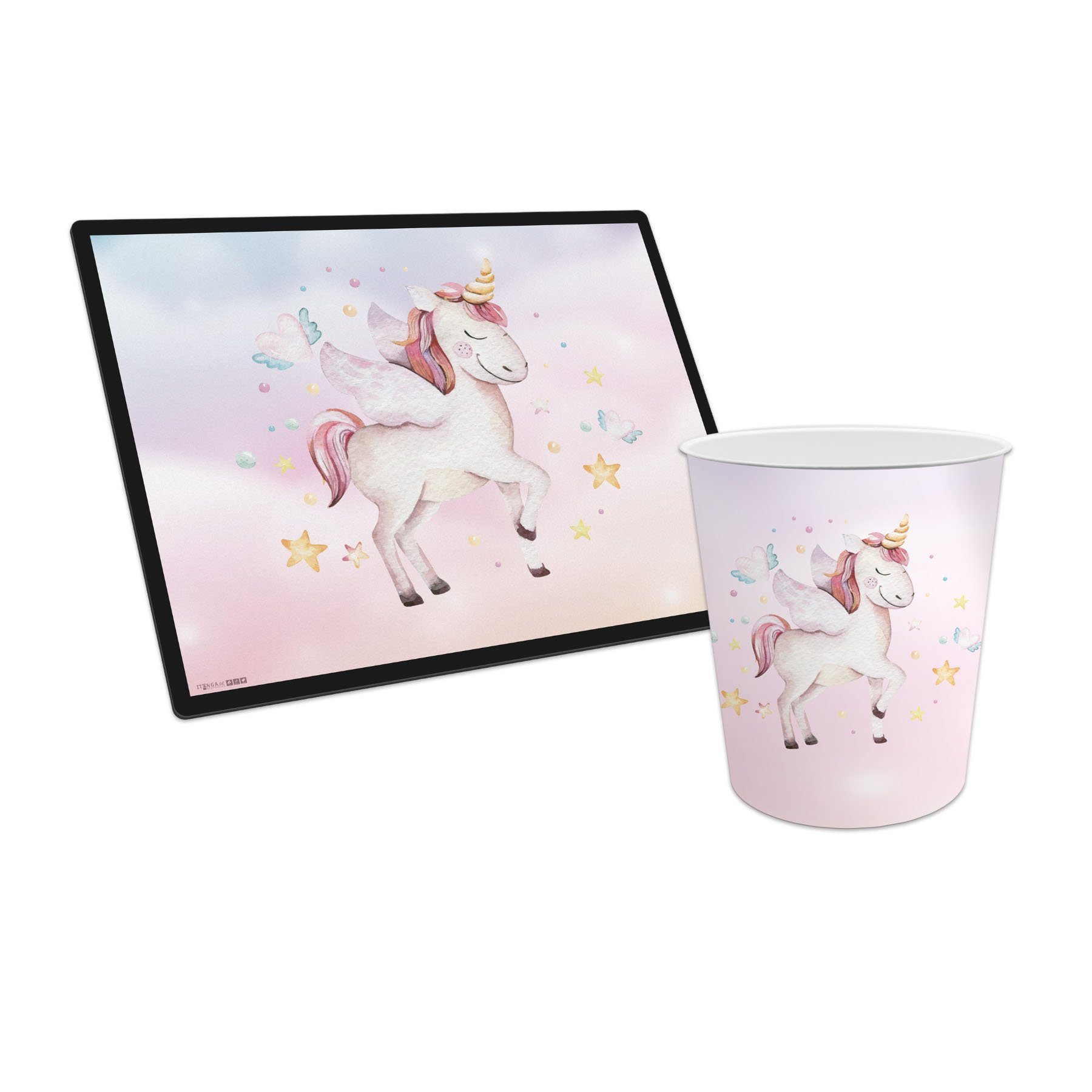 itenga Schreibtischunterlage itenga Papierkorb mit Schreibunterlage Motiv Einhorn Wasserfarben Set