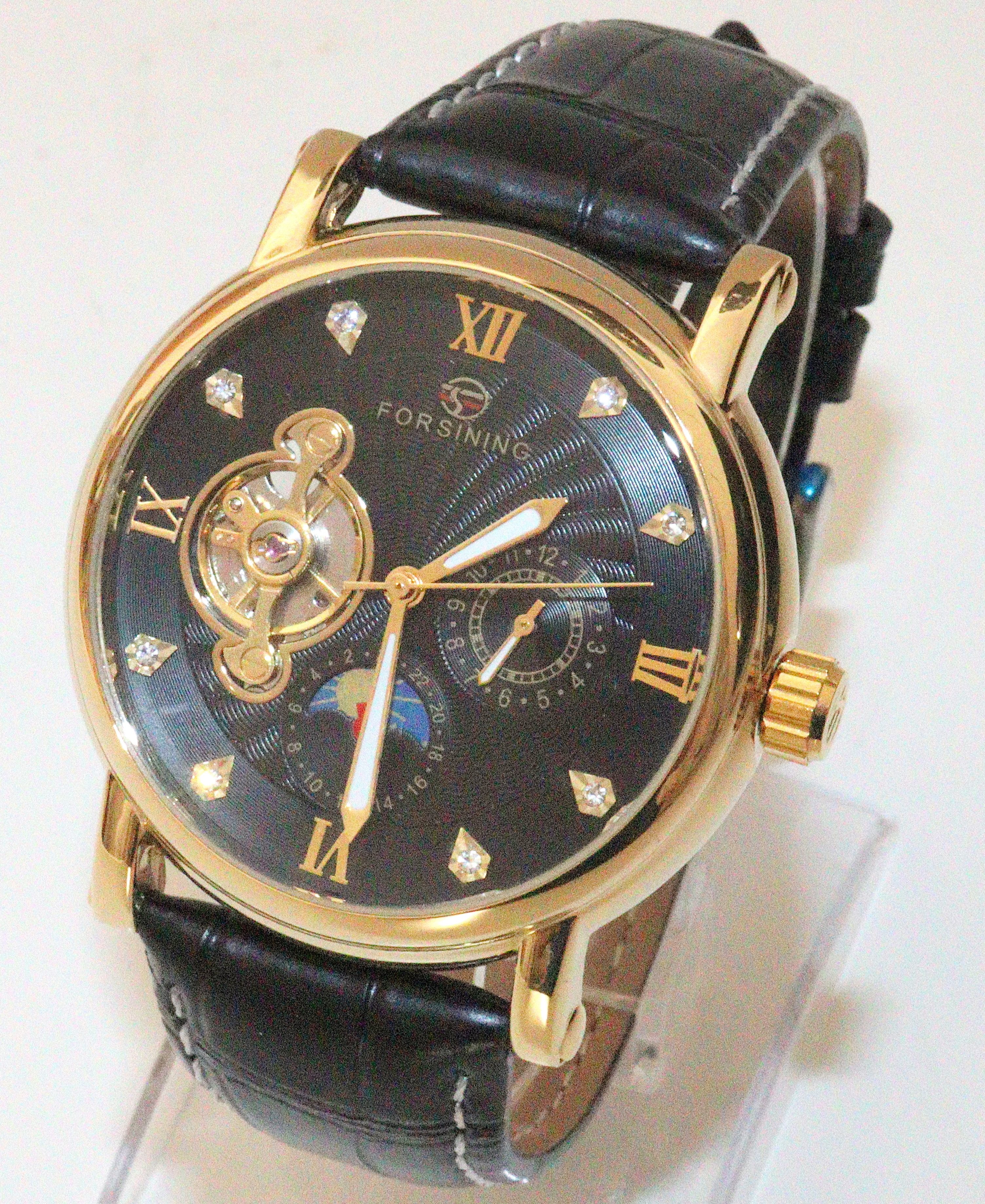 Rötting Design Automatikuhr Herrenuhr Automatikuhr Marke Forsining schwarzes Ziffernblatt, Tag/Nacht Phasen Anzeige, goldfarbenes Gehäuse