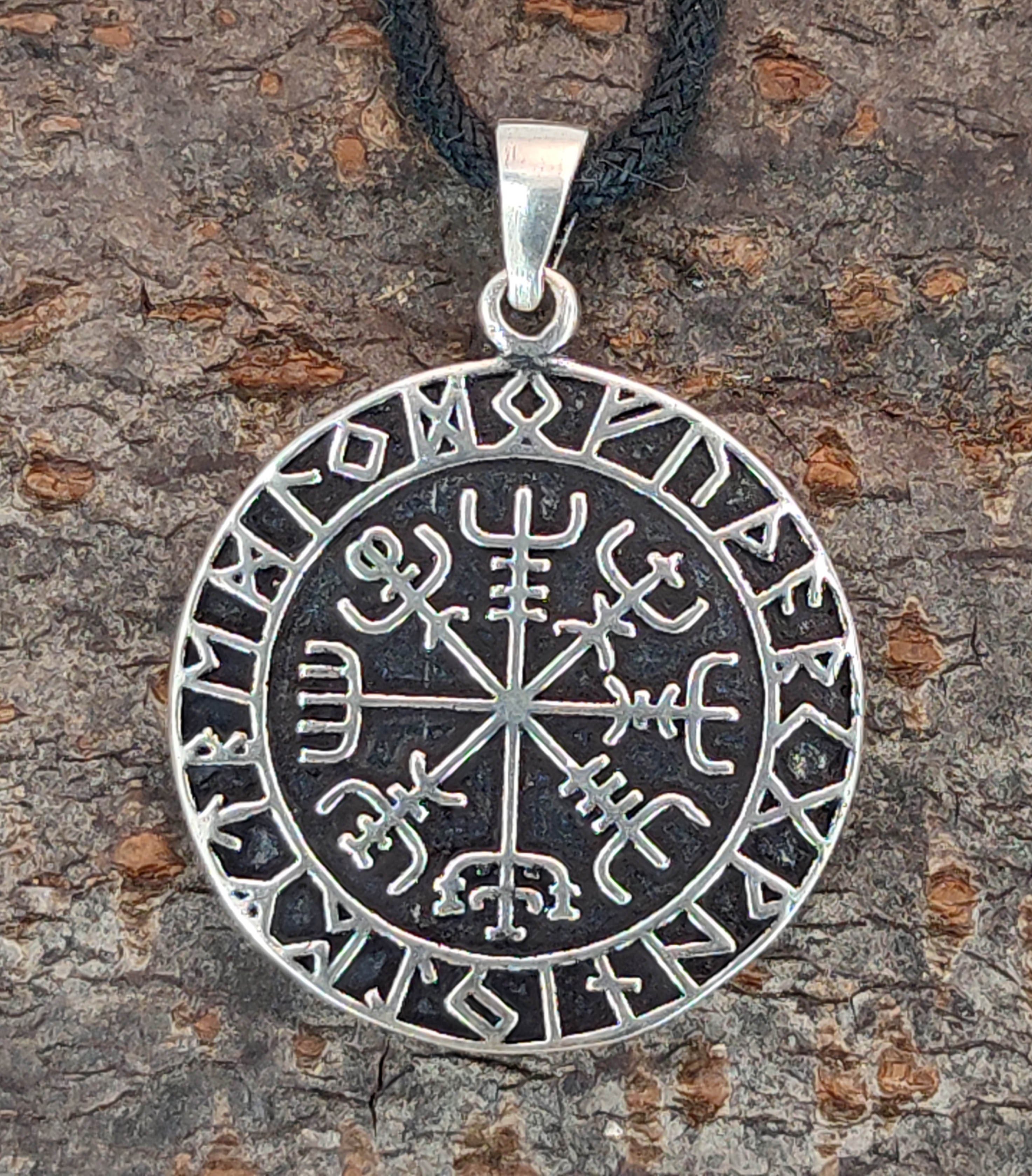 Silber Leather Anhänger of Rune Runen Ring Kettenanhänger Wikingerkompass Vegvisir Kiss