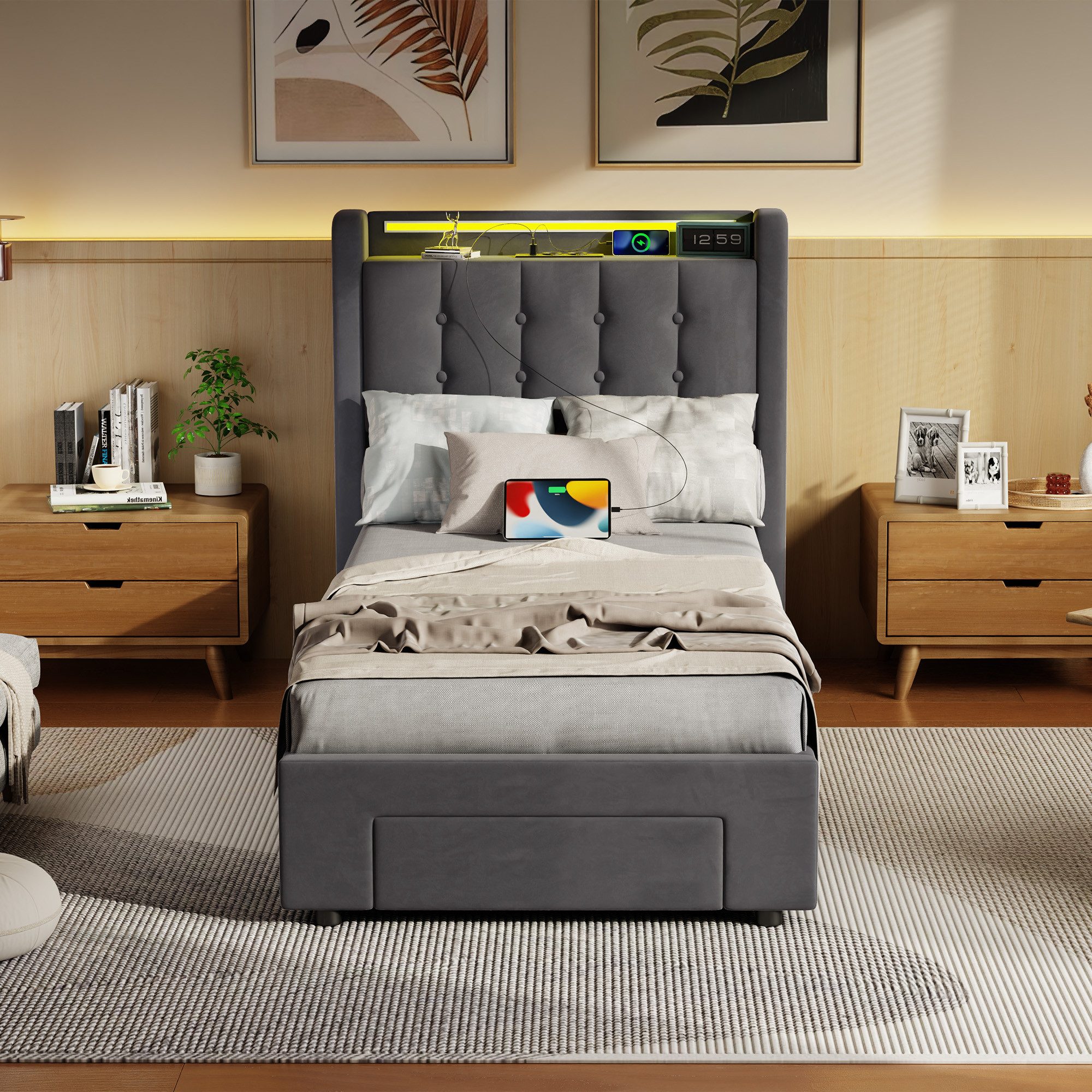 OKWISH Polsterbett mit Hydraulik, Schubladen, LED-Beleuchtung (Funktionsbett, 1-tlg., 90x190 cm, Samt, ohne Matratze), 2 Steckdosen und 2 USB-Ladeanschlüssen