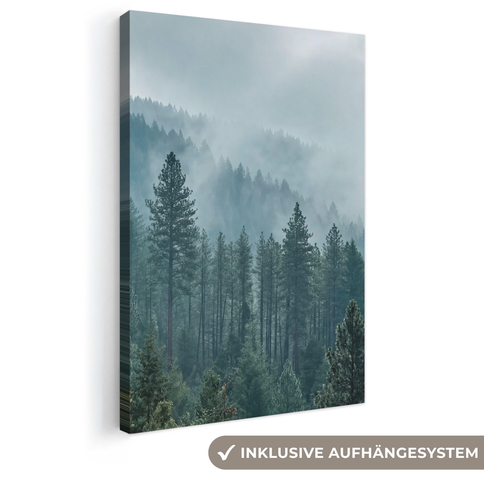 OneMillionCanvasses® Leinwandbild Nadelwald – Berge – Nebel, Fotodruck (1 St), Leinwand Canvas Wandbild, Wanddekoration 20x30 cm