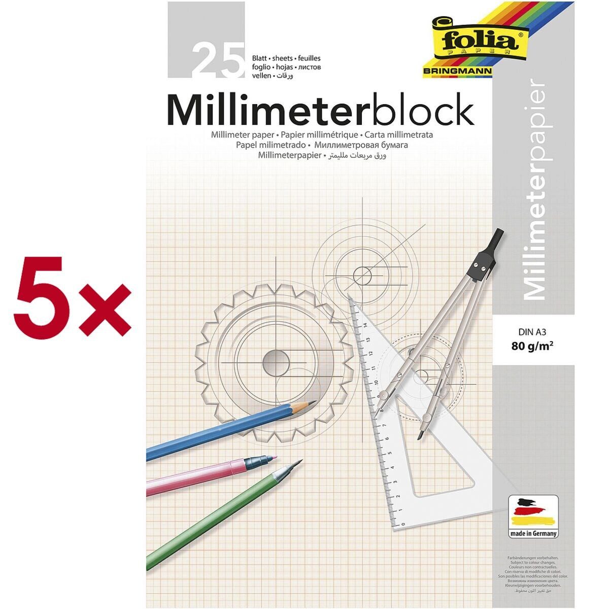 Folia Millimeterpapier, Rasterfarbe rot mit umlaufendem Rand, Format A3