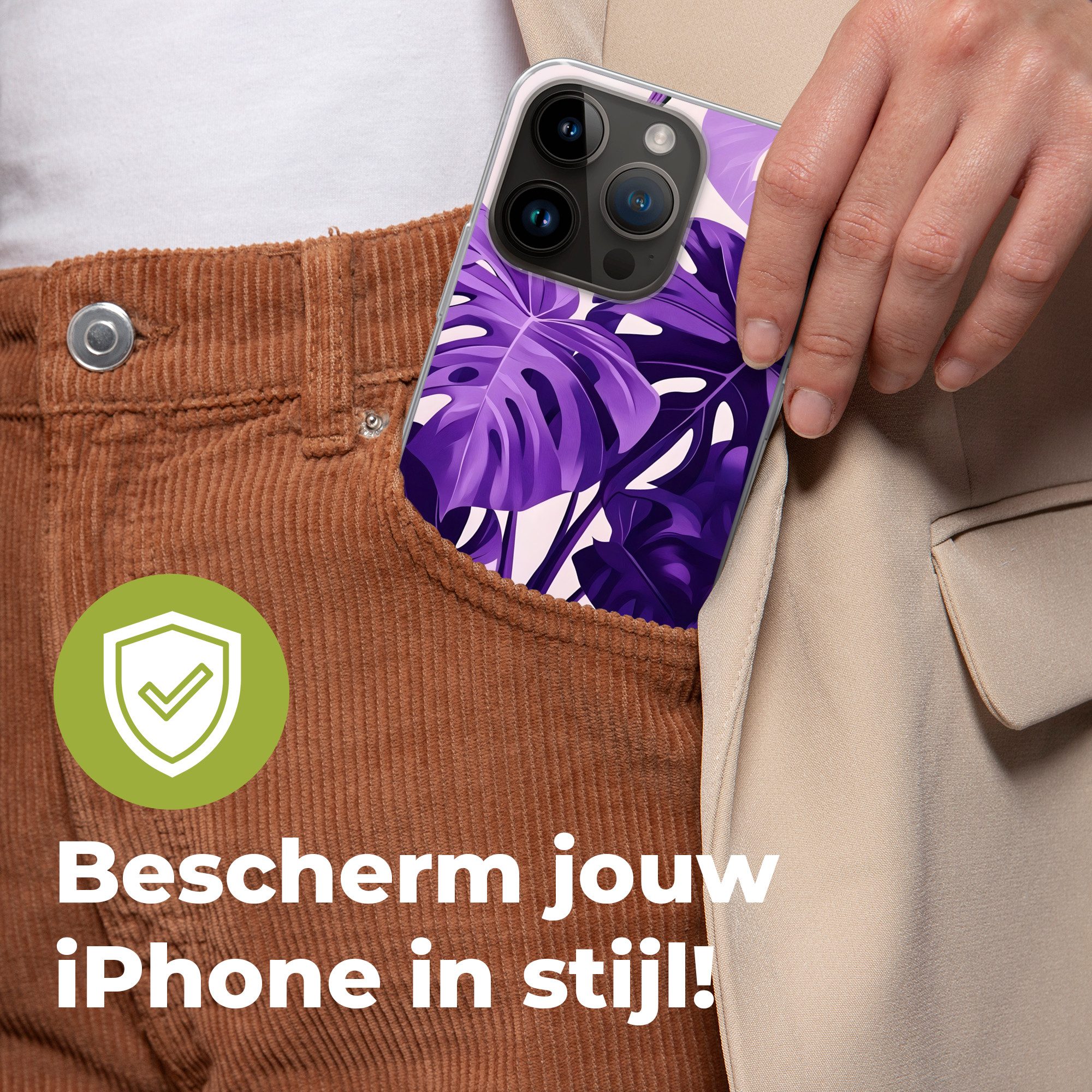 MuchoWow Handyhülle für Apple iPhone 14 Pro Blätter - Lila - Tropisch - Abstrakt, Smartphone-Bumper, Print, Handy Schutzhülle Dünn