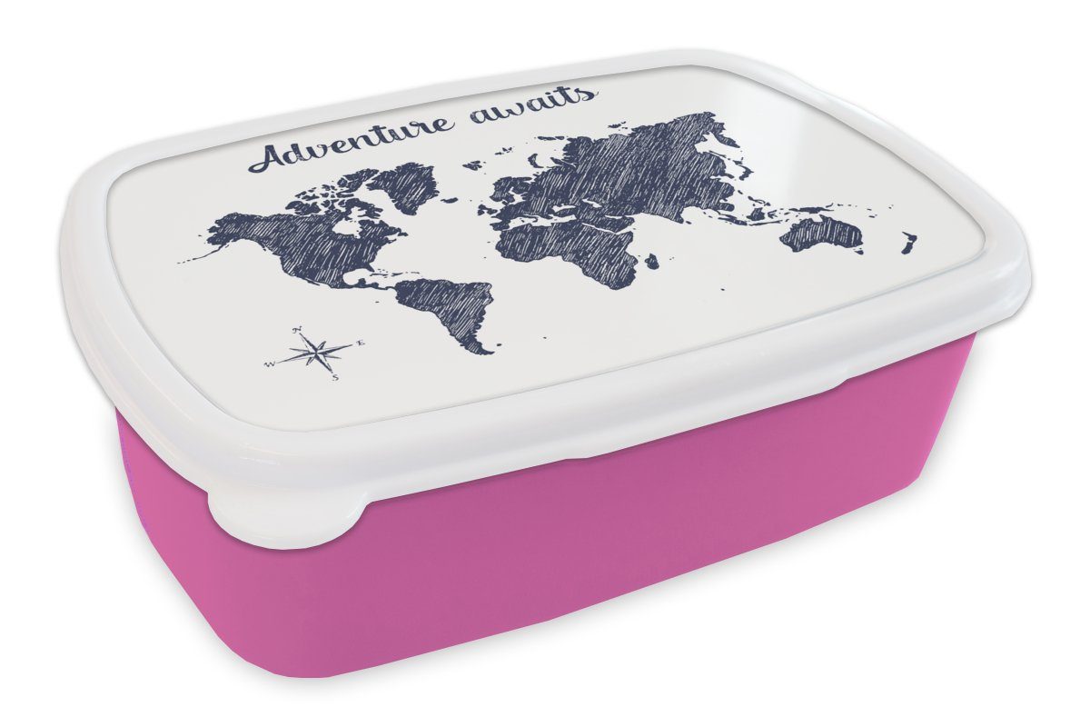 MuchoWow Lunchbox Weltkarte Blau (2-tlg), Kunststoff, Brotbox rosa Zitat, Mädchen, Kinder, - für Brotdose Kunststoff Erwachsene, Snackbox, 