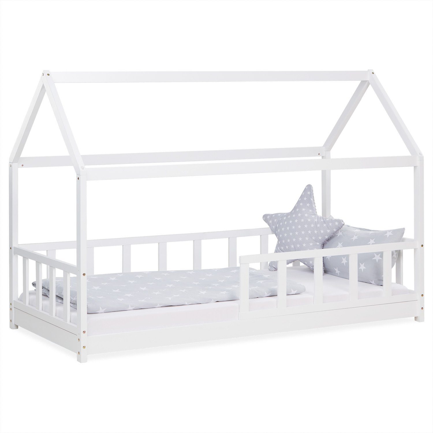 Homestyle4u Kinderbett Hausbett Rausfallschutz 90x200 cm Weiß (Bodenbett  ohne Matratze)