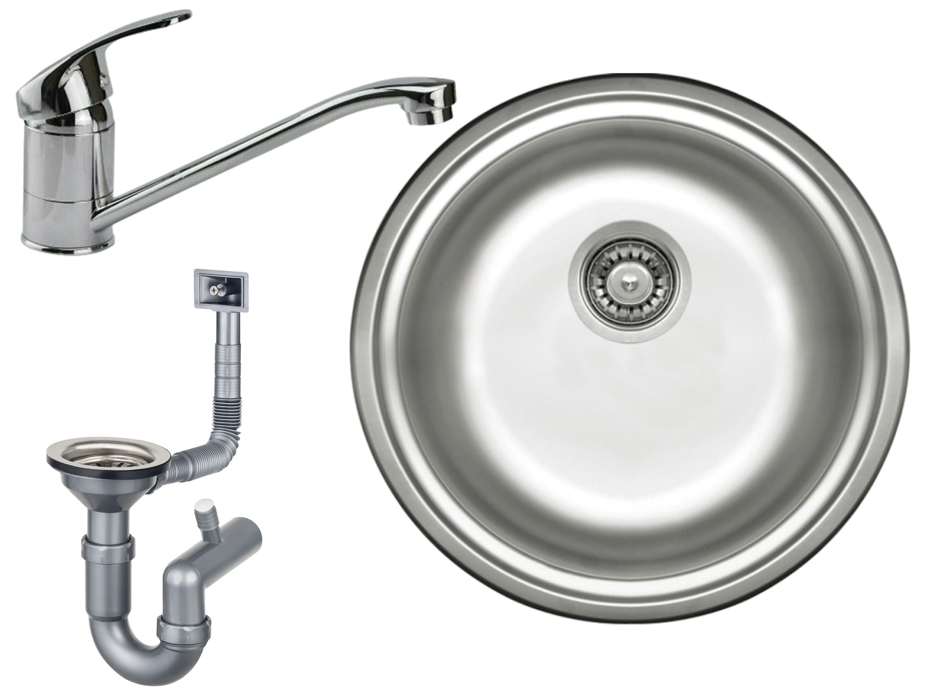Faizee Möbel Edelstahlspüle Edelstahlspüle Ø 42 cm + Armatur Küchenspüle inkl. Siphon-Set, Rund mit Armatur klein Chrom
