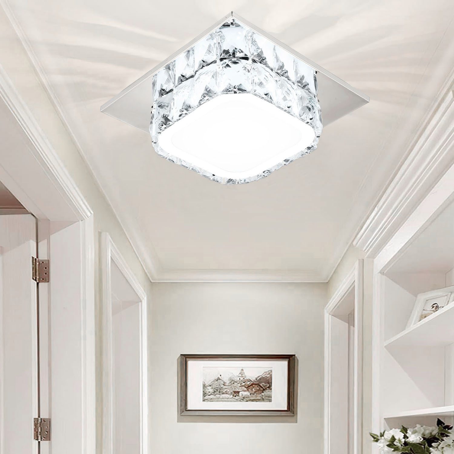 oyajia LED Deckenleuchte Moderne 9K Kristall Edelstahl Deckenlampe, 16W Unterputz Deckenleuchte, Kaltweiß, Luxus Mini Kronleuchter LED Deckenlampe, für Flur, Esszimmer, Hotel