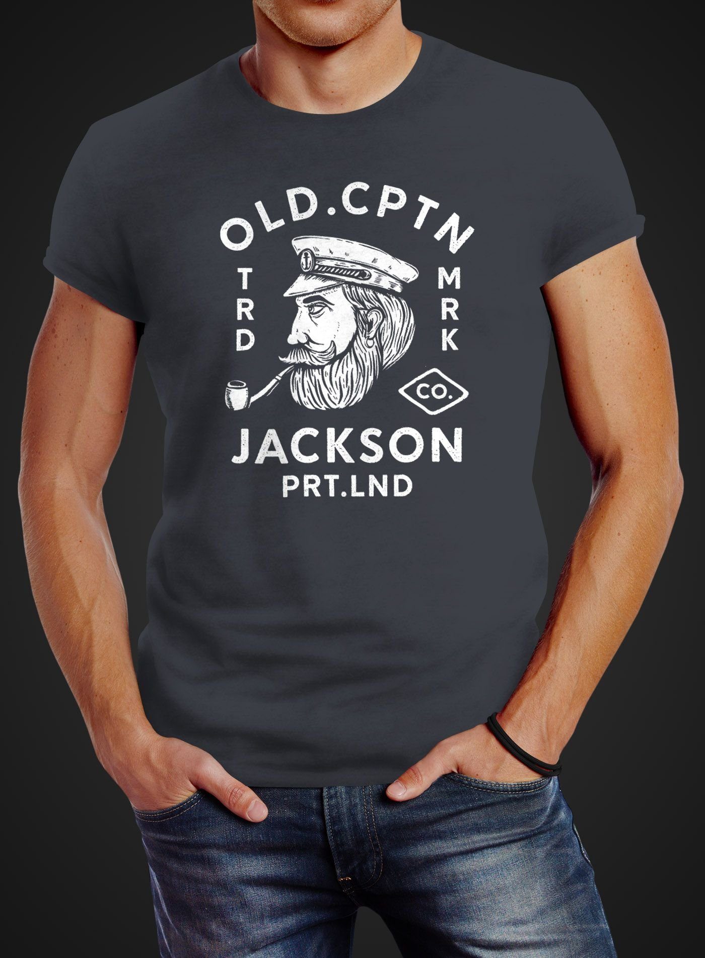 Neverless Print-Shirt Neverless® Herren Motiv Cptn Aufdruck T-Shirt Jackson Kapitän grau Print-Shirt Old Retro mit Print