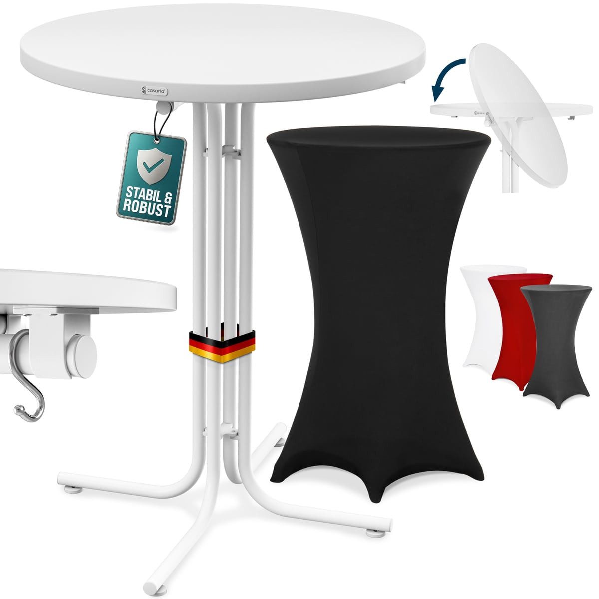 Casaria Stehtisch, Klappbar mit Husse Schwarz 70cm Hochtisch Rund Partytisch Outdoor