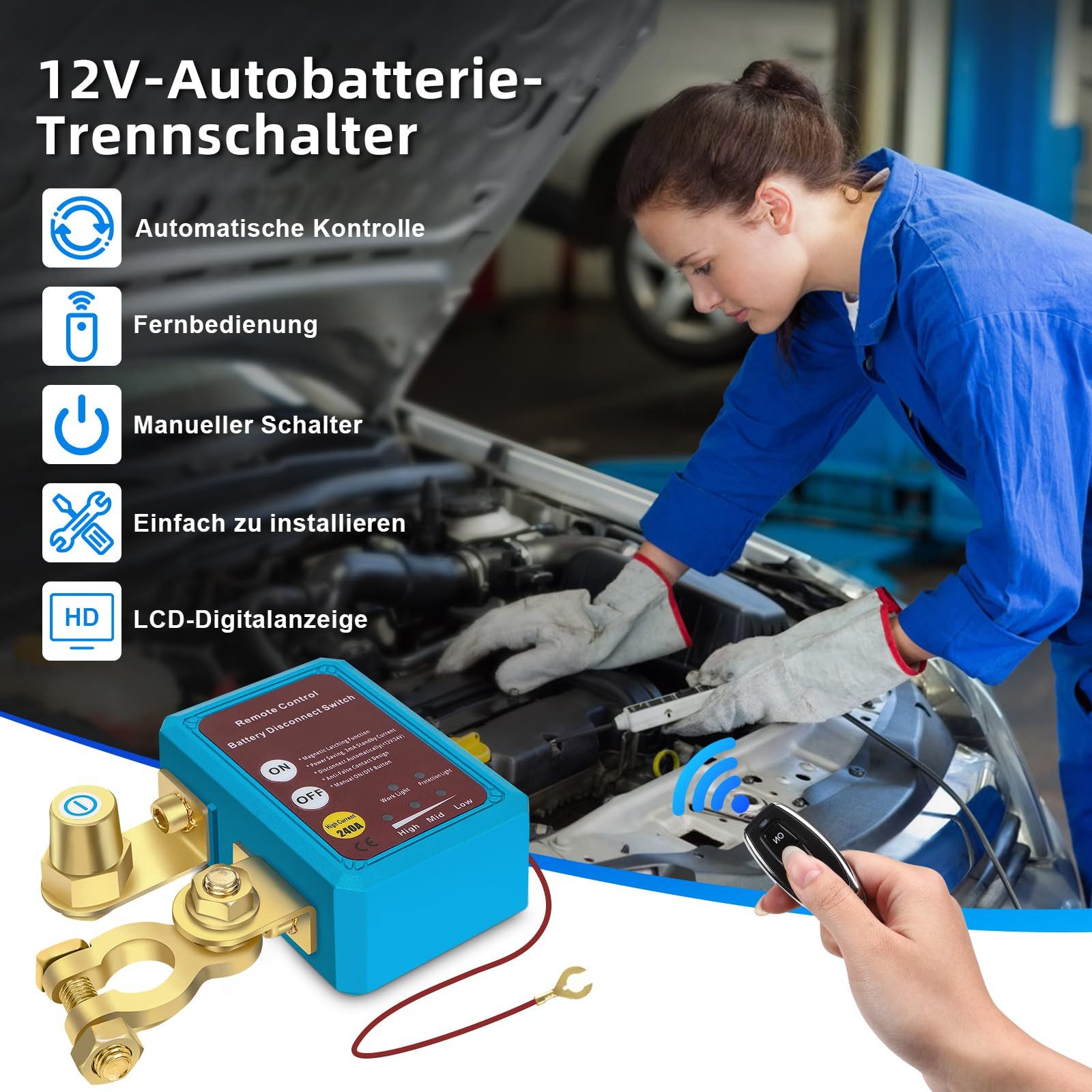 QUBEBU Automatic Car Battery Disconnect Switch with Remote Control Car Battery Charger (Manual Operation and Remote Control; Item Size: 85 * 60 * 36mm)