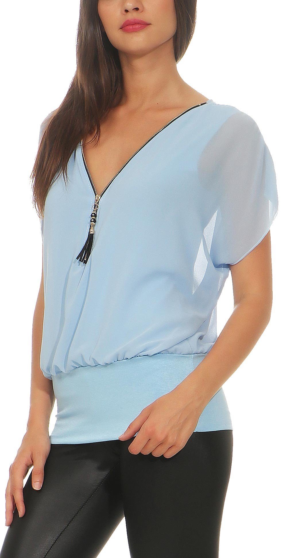 malito more than fashion Chiffonbluse malito Damen kurzarm Bluse im Fledermaus Look, Tunika mit Zipper, Kurzarm Bluse