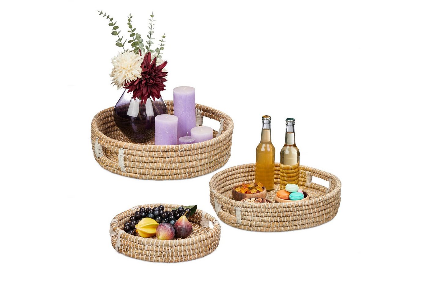 relaxdays Tablett Serviertablett 3er Set rund, Pflanzenfaser, (3-tlg)