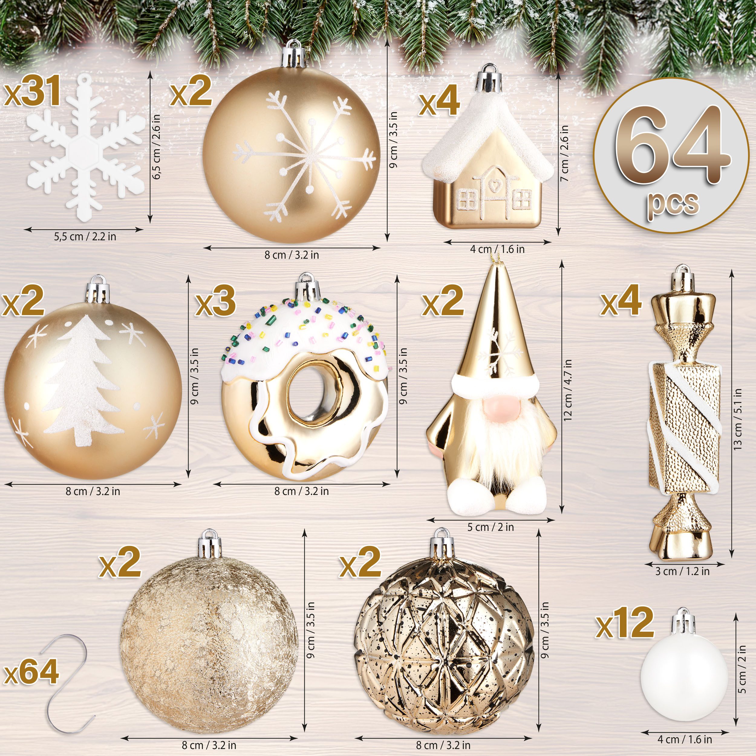 BRUBAKER Christbaumschmuck 64 Stück Christbaumschmuck - Baumschmuck Weihnachtskugel Set (64-tlg), mit Donuts, Häuser, Schneeflocken, Kugeln und Bonbons - Baumkugel