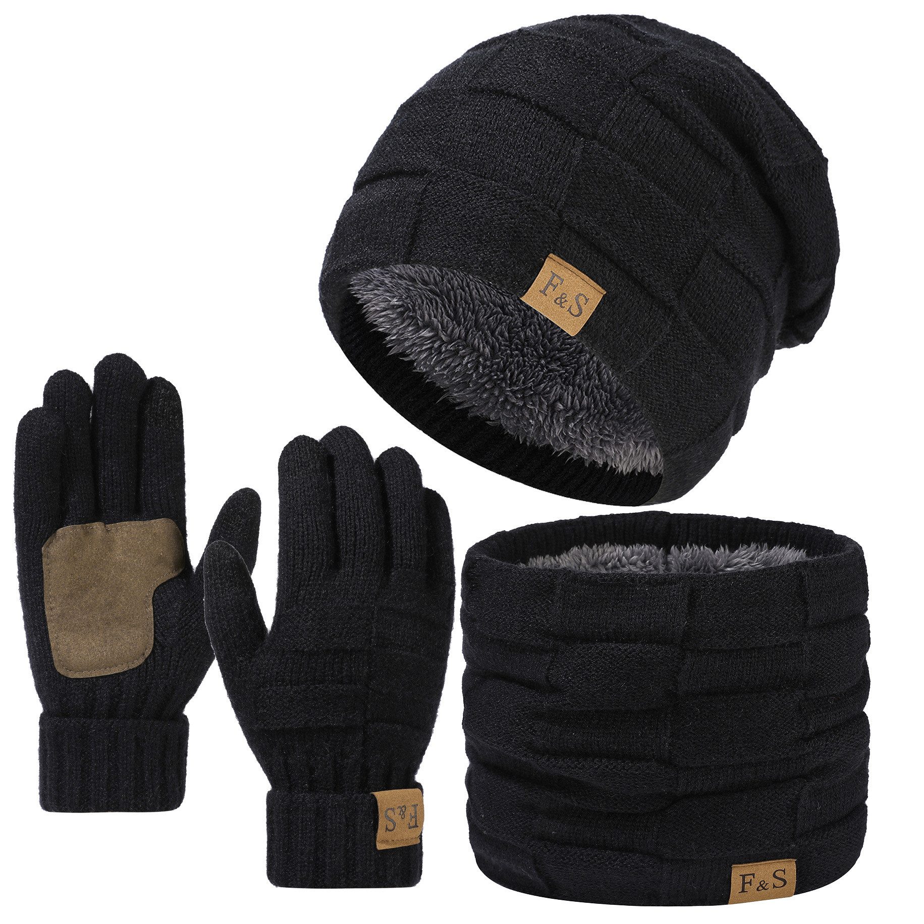 Coonoor Mütze & Schal Strickmütze, Schal und Handschuh-Set, Winterstrickmütze, Touchscreen-Handschuhe, gefütterter Kragen, Unisex