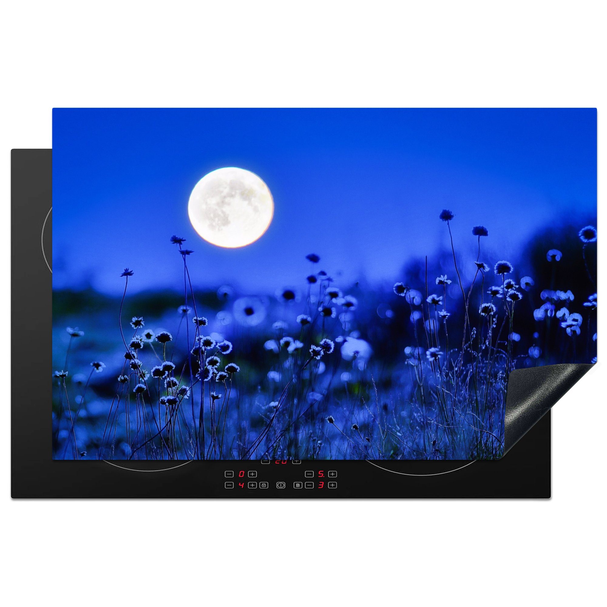 MuchoWow Herdblende-/Abdeckplatte Blumen - Mond - Lila, Vinyl, (1 tlg), 81x52 cm, Induktionskochfeld Schutz für die küche, Ceranfeldabdeckung