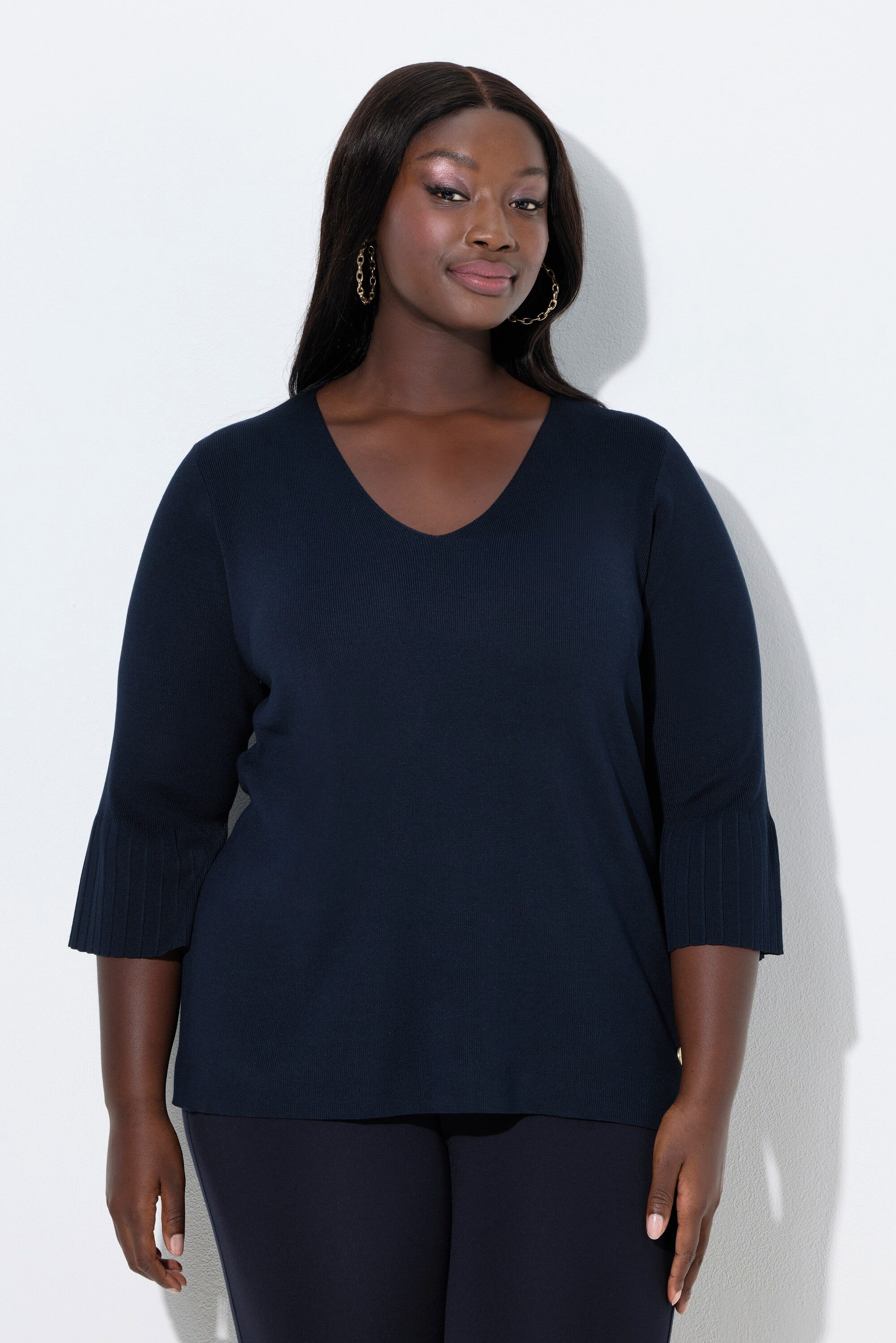 Strickpullover Pullover Feinrippstrick V-Ausschnitt