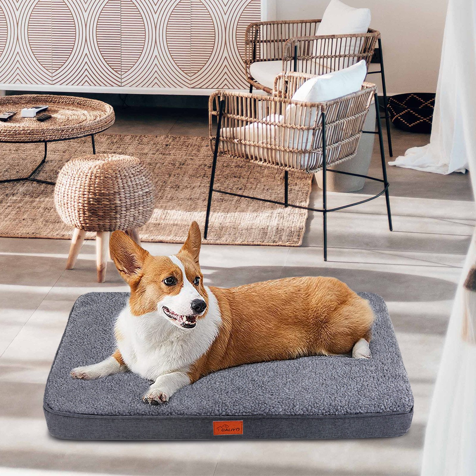 CALIYO Tierkissen Orthopädisches Hundebett Grosse Hunde - Hundekissen flauschig, Cozy Flannel Fleece Fabric/ Washable Inner Film/ Egg Crate orthopedic Foam/ Non-slip Bottom, Hundematte waschbar Hundematratze in dunkelgrau für große Hunde
