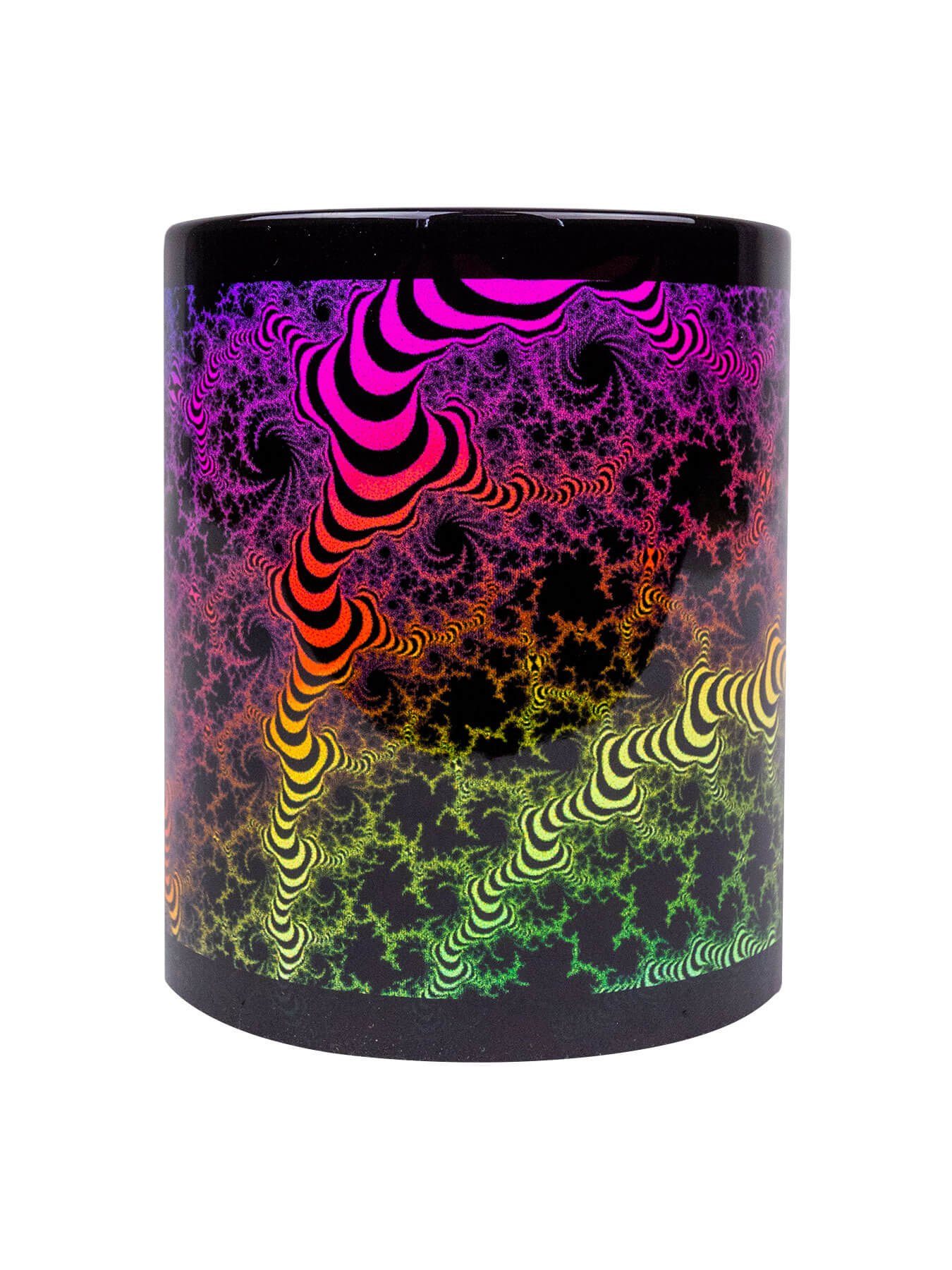 PSYWORK Tasse Fluo Cup Neon Motiv Tasse "Fractal Dimension III", Keramik, UV-aktiv, leuchtet unter Schwarzlicht