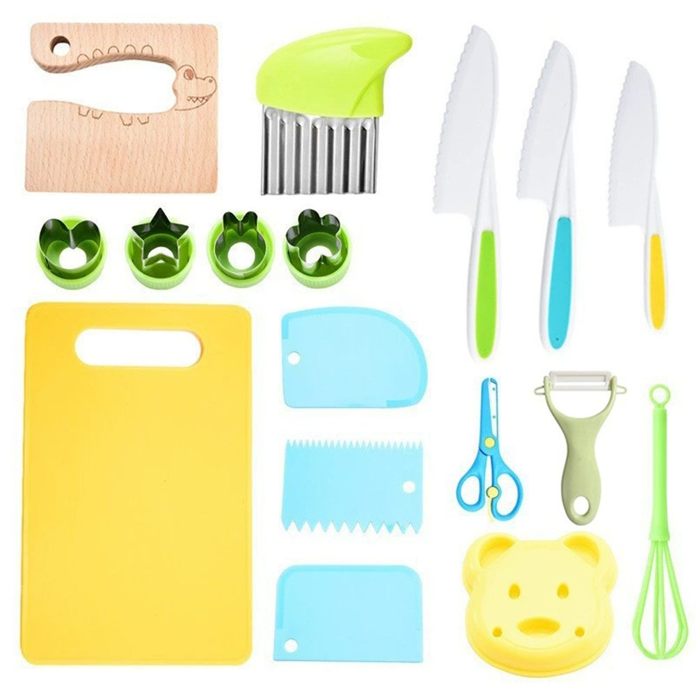 Zaewry Kinderkochmesser 17 teiliges Kinder Küchenmesser-Set,kindersicheres Kochset, mit Holzmesser, Schneidebrett und Schäler,Rollenspiel ab 3 Jahren