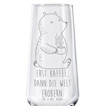 Mr. & Mrs. Panda Sektglas Bär Kaffee - Transparent - Geschenk, Morgenroutine, Teddybär, Teddy, Premium Glas, Hochwertige Lasergravur
