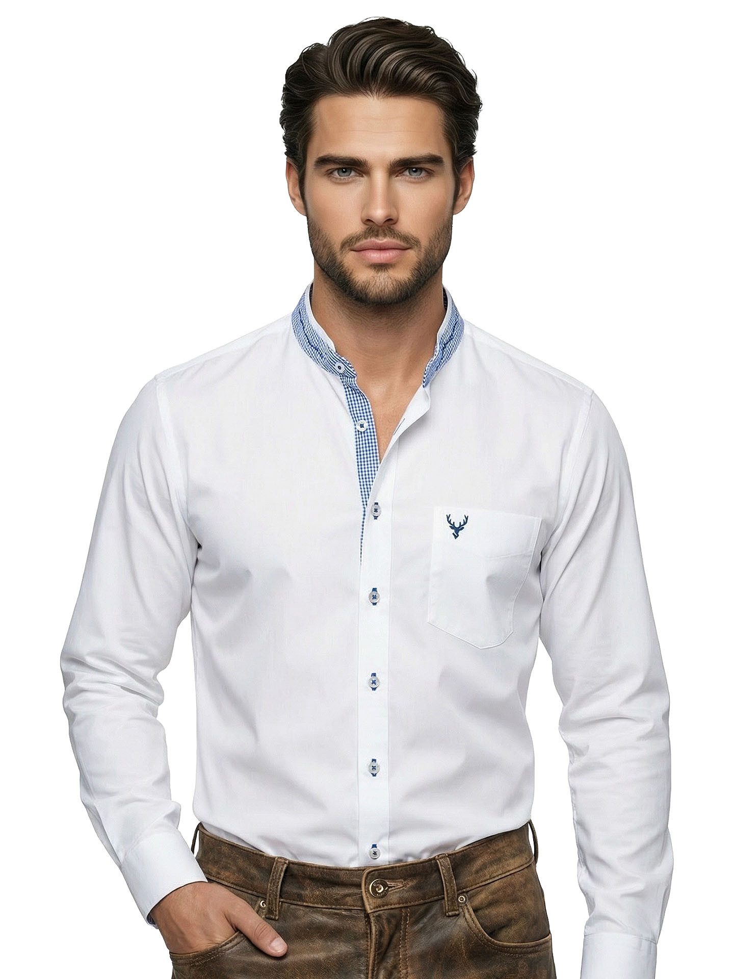 Moschen-Bayern Trachtenhemd Trachtenhemd Herren SLIM FIT Stehkragen Hirsch Langarm Weiß-Blau