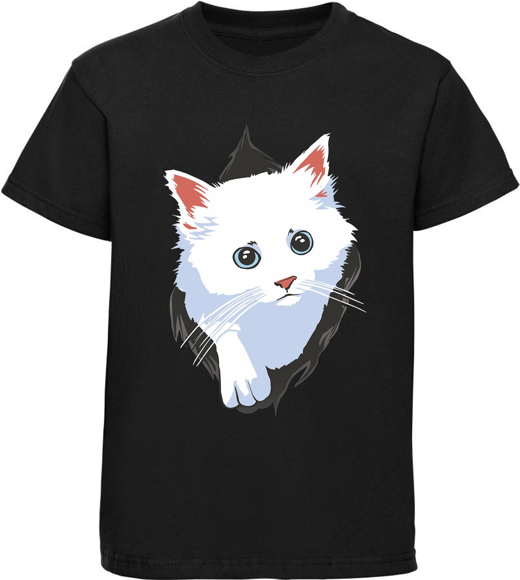 MyDesign24 Print-Shirt bedrucktes Mädchen Katzen rot, Katze - schwarz, weiße mit Baumwollshirt Aufdruck, rosa, weiß, Shirt i113 dem aus T-Shirt