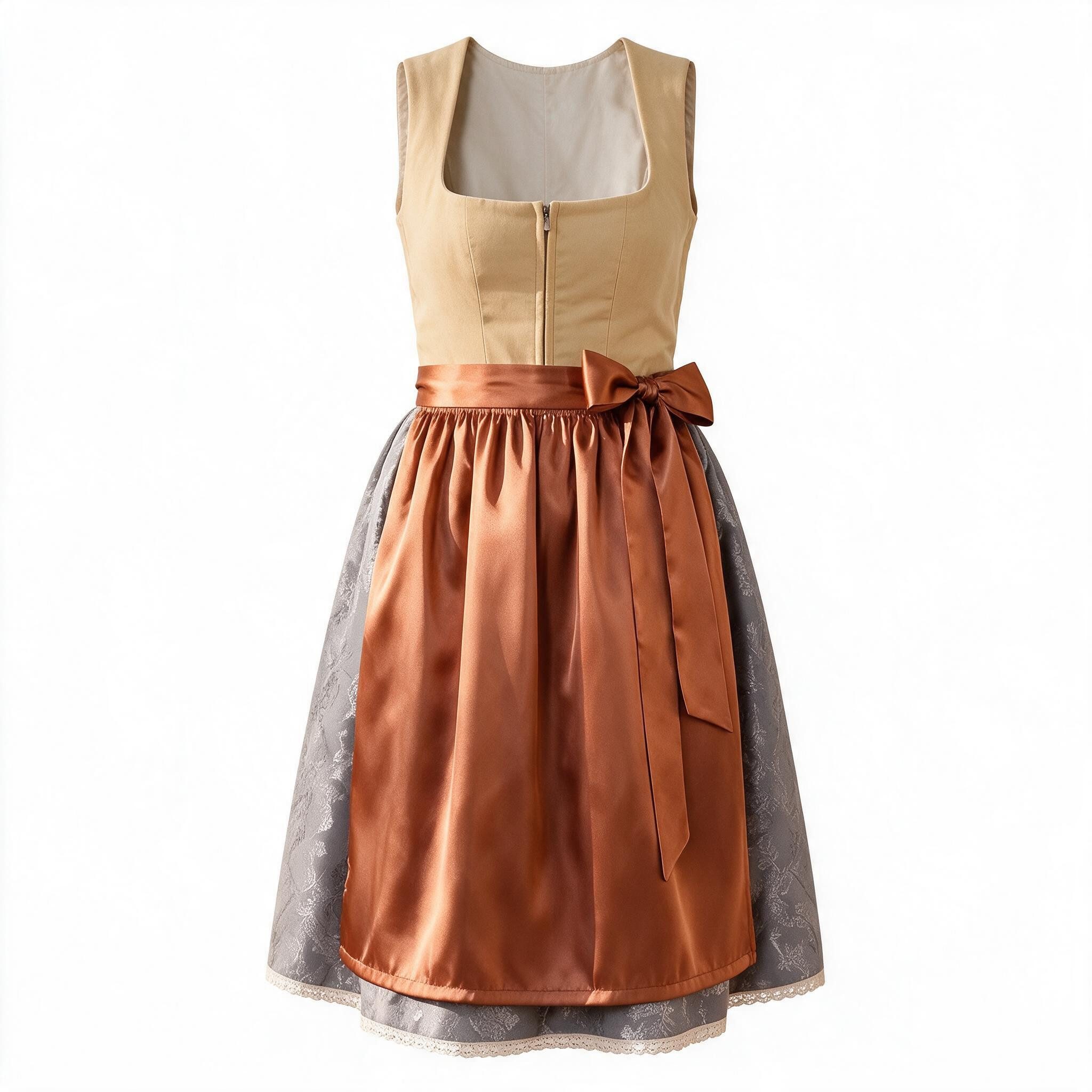 Palms-Store Dirndl Katharina, Modernes Trachtenkleid mit Satin-Schürze (Spar-Set) in klassischer Länge (ca. 105 cm)