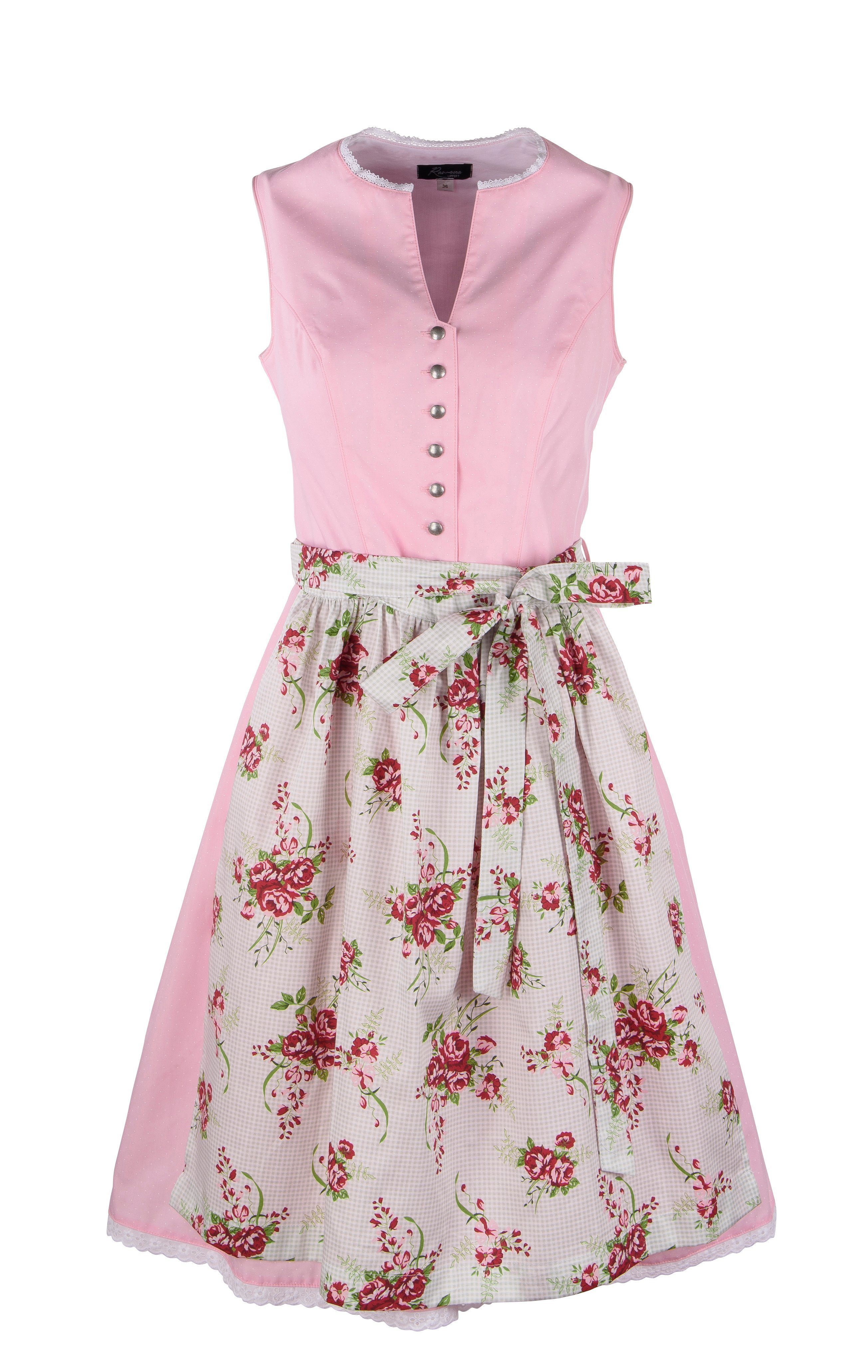 Dirndl Antonia Damen rosa hochgeschlossen mit Blumenschürze Größe 36-50