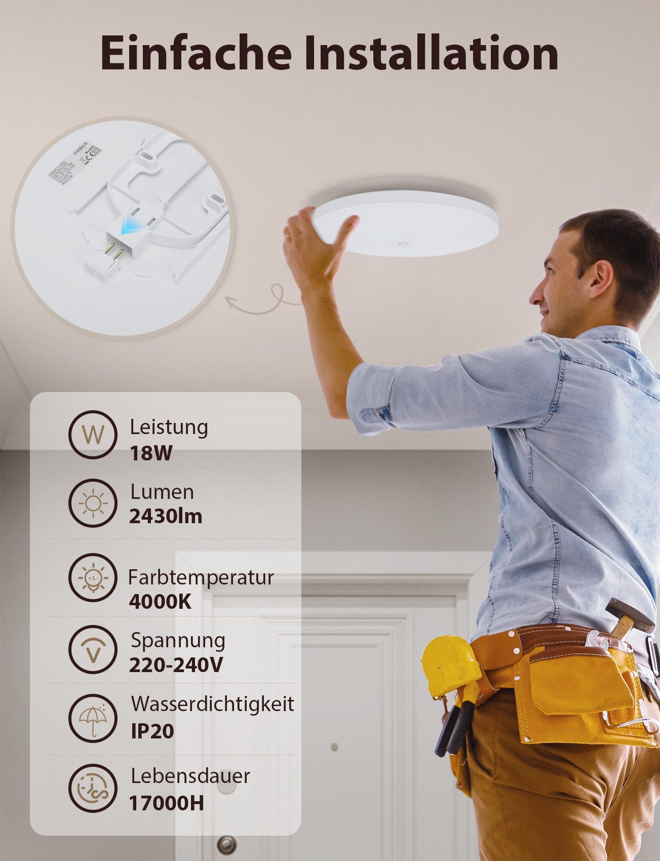 Great Jacob Deckenleuchte LED Deckenlampe mit Bewegungsmelder Innen, mit Dämmerungssensor Lampe, LED fest integriert, Warmweißes Licht, Kaltweißes Licht, Dämmerungssensor Deckenleuchte