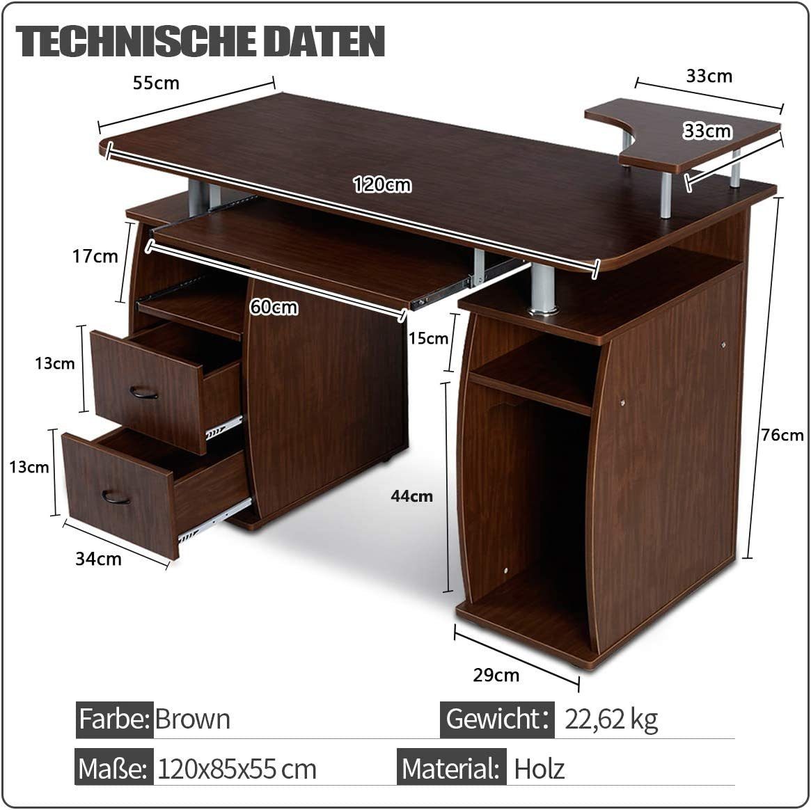 KOMFOTTEU Computertisch Schreibtisch, mit 120x55x76cm, Braun Tastaturauszug