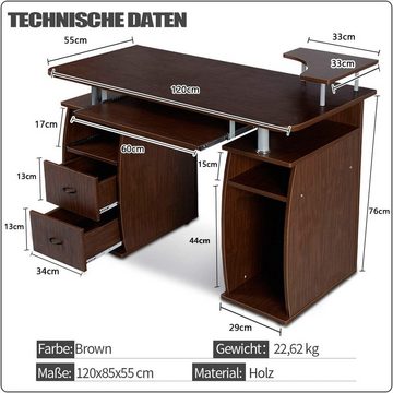 KOMFOTTEU Computertisch Schreibtisch, mit Tastaturauszug, 120x55x76cm, Braun