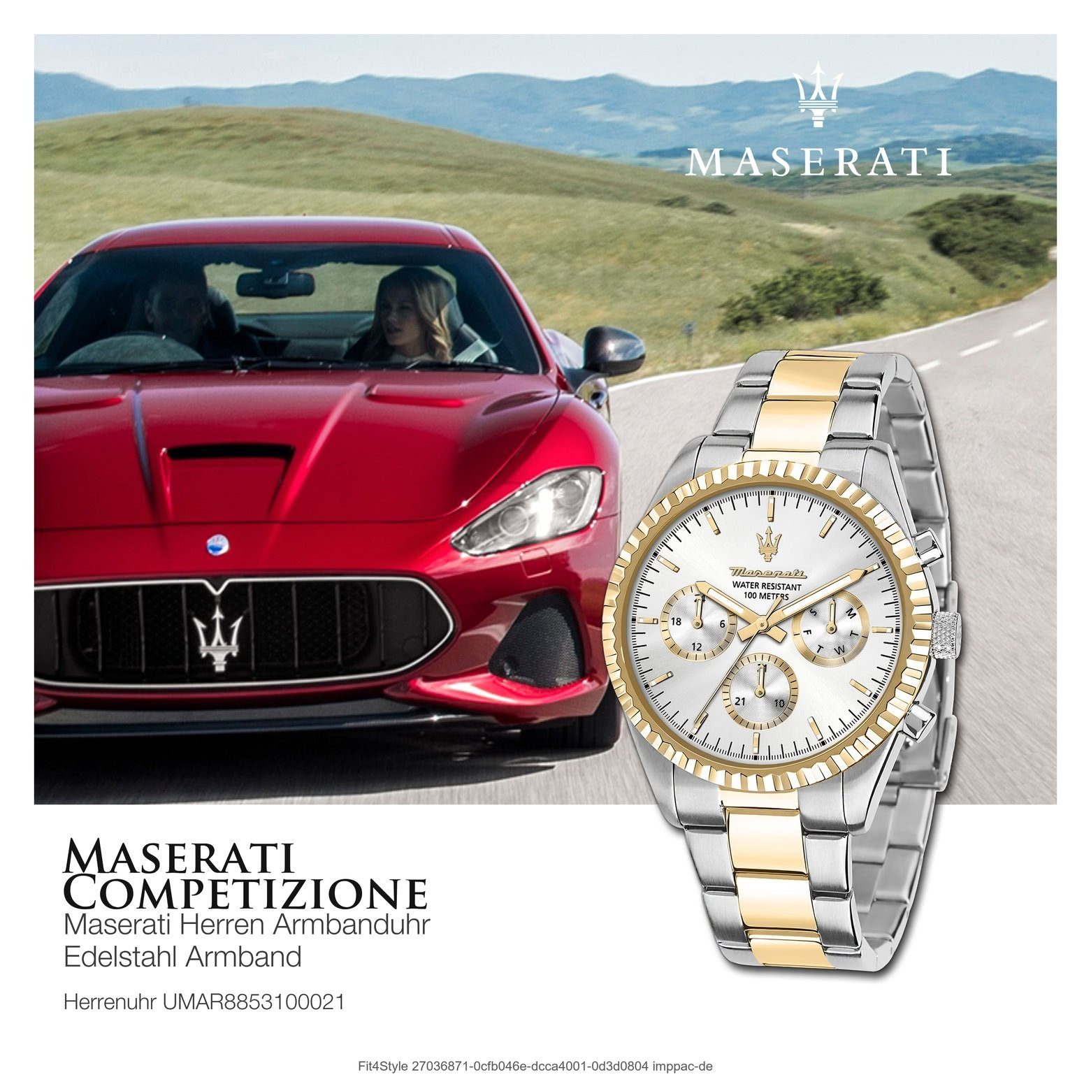 Herrenuhr Herrenuhr Maserati Edelstahlarmband, 51,5x43mm) (ca. rund, gold, COMPETIZIONE, MASERATI Multifunktionsuhr Italy groß weiß Made-In