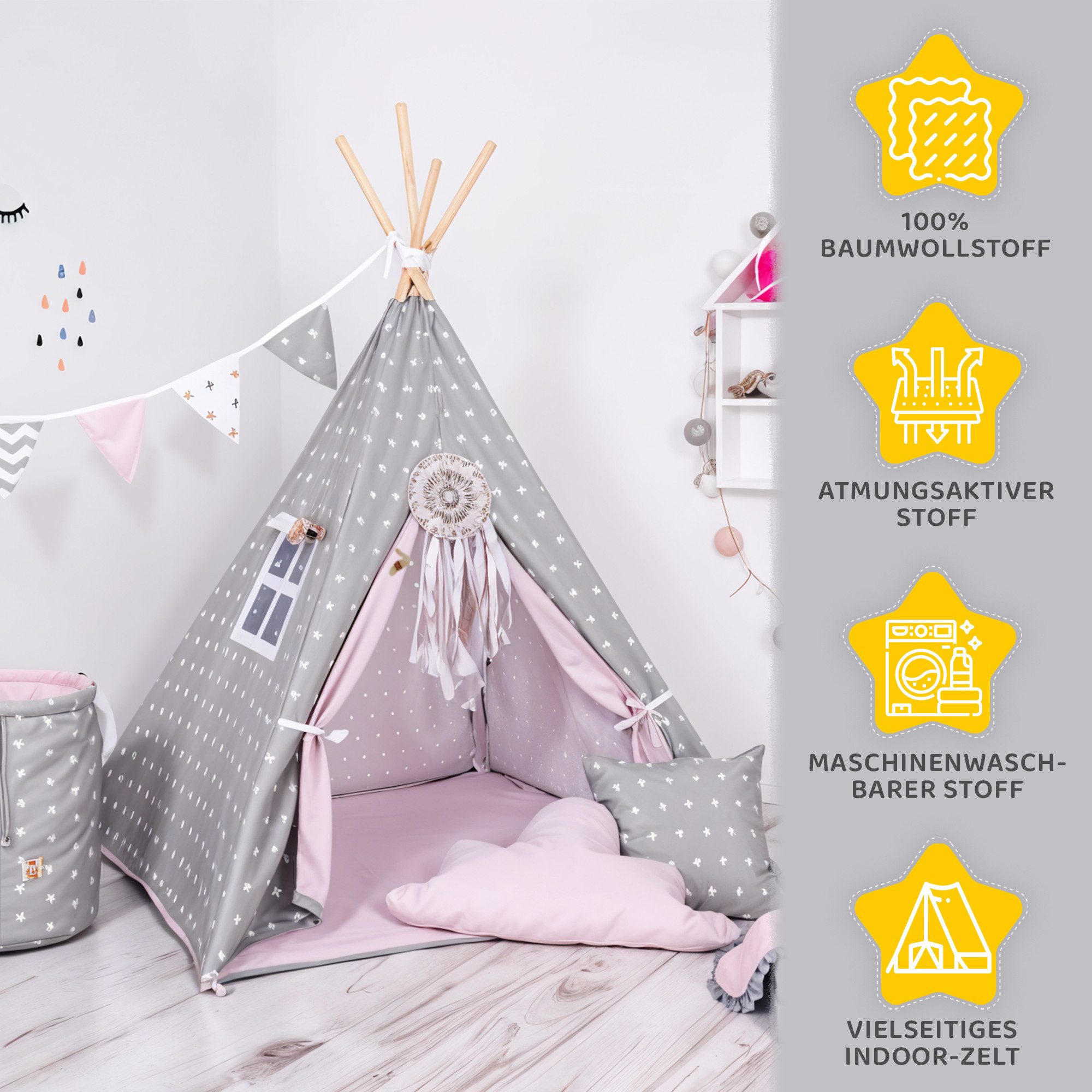 Rainbow Kids Tipi-Zelt Grauer Stern, Personen: 2 (mit Zubehör, 8 tlg., mit 4 Kissen, Matte, Spielzeugkorb und Wimpelkette)