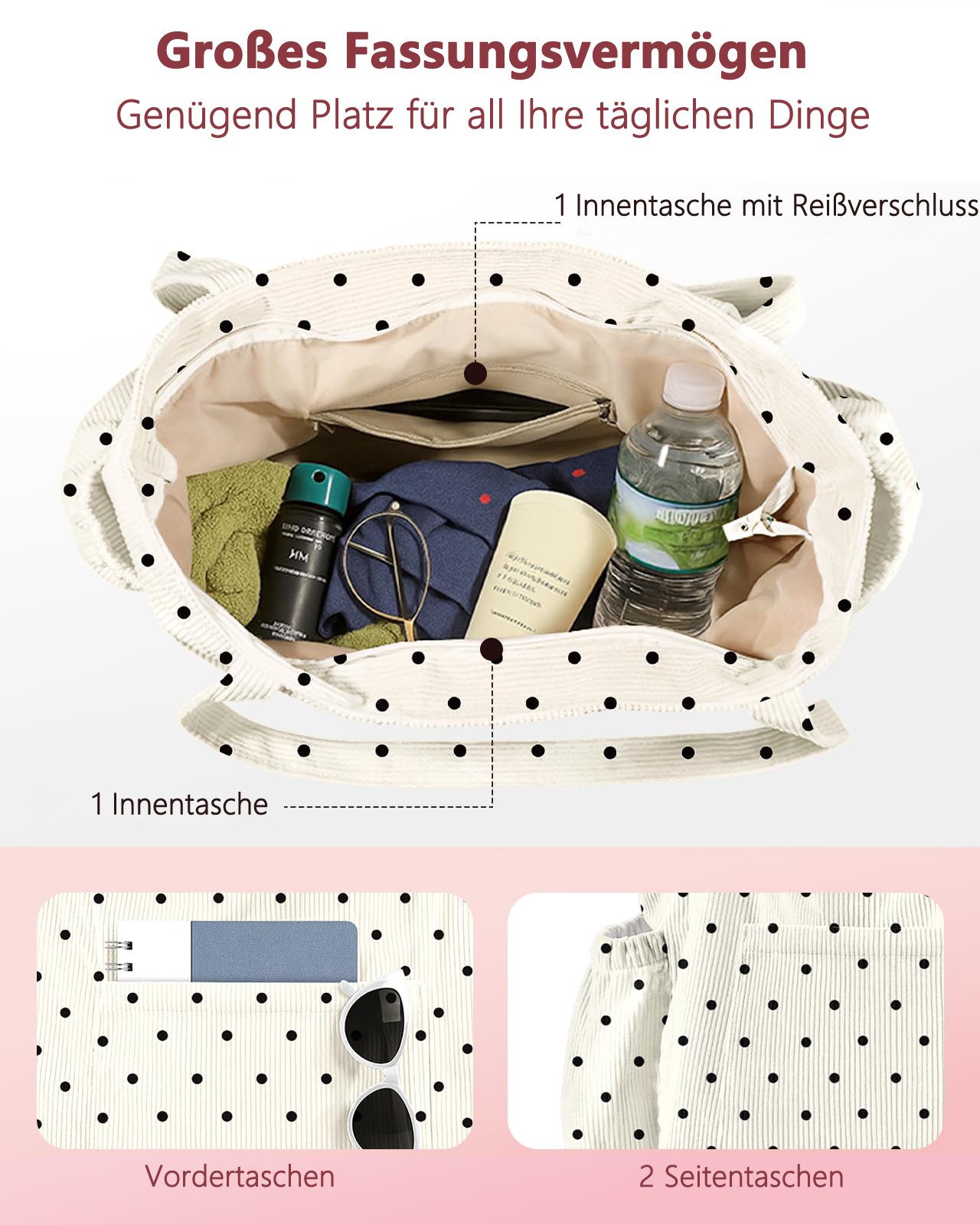 nsihing Umhängetasche Cord Tasche Damen, Groß Tote Bag Strandtasche mit Reißverschluss, Shopper Tasche, Elegant Handtasche für Arbeit Schule Gym – Bild 5 von 5