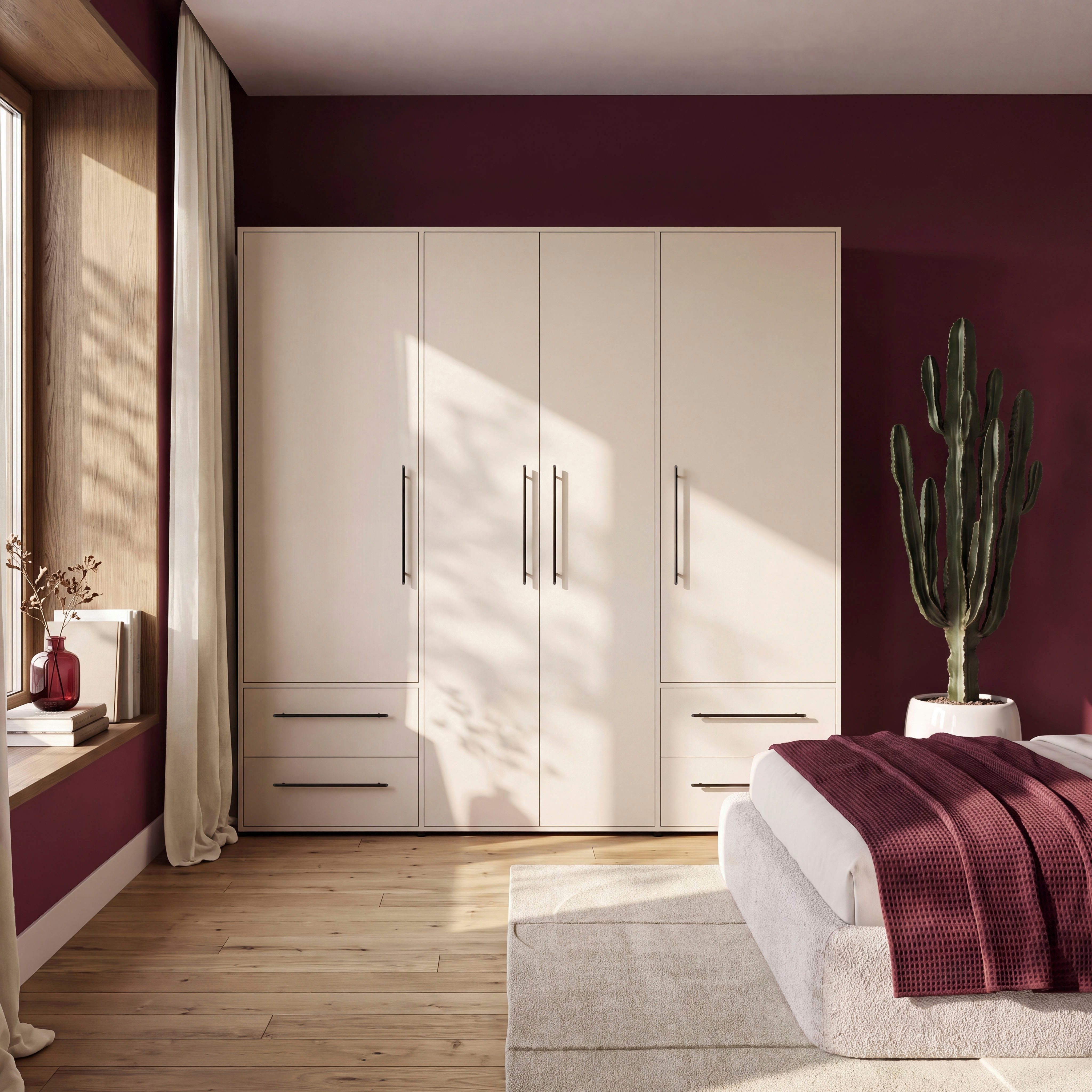 FORTE Kleiderschrank Mokkaris, Garderobe, zeitloses Design, 4 Türen, Made in Europe (B/H/T ca. 206x200x59cm) 4 Schubladen + schwarze Stangengriffe, Made in Europe, viel Stauraum