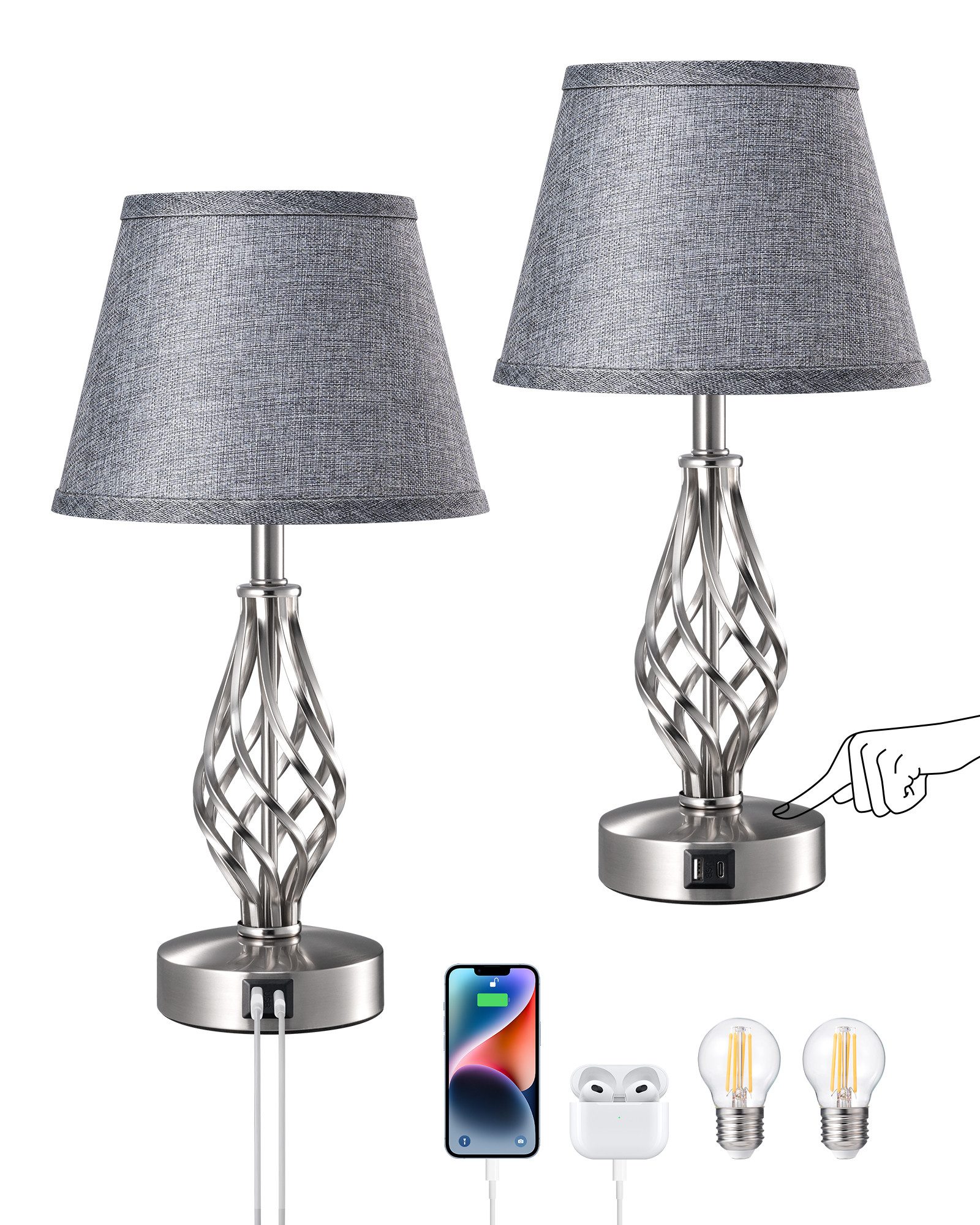 EDISHINE LED Nachttischlampe Touch Dimmbar 2er Set, LED wechselbar, Tischla günstig online kaufen