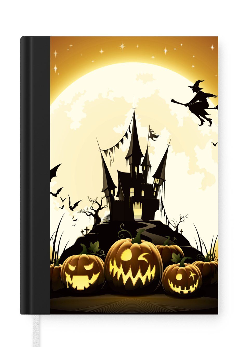 MuchoWow Notizbuch Eine Illustration einer Hexe, die zu Halloween über ein Schloss fliegt, Journal, Merkzettel, Tagebuch, Notizheft, A5, 98 Seiten, Haushaltsbuch