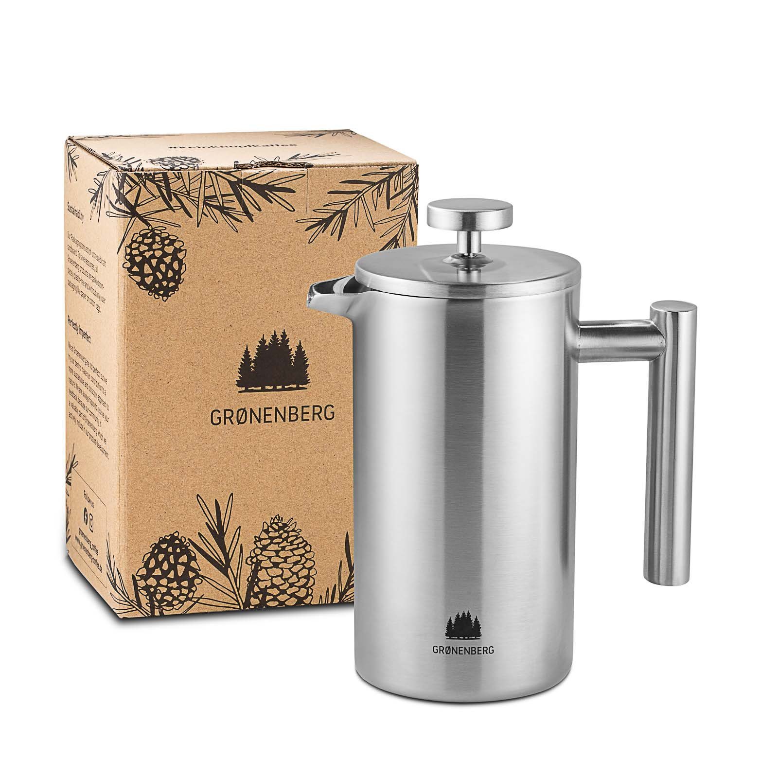 GRØNENBERG French Press Kanne Edelstahl Kaffeebereiter mit Thermo Effekt, 1l Kaffeekanne, Kaffeepresse inkl. 3 Ersatz-Filter