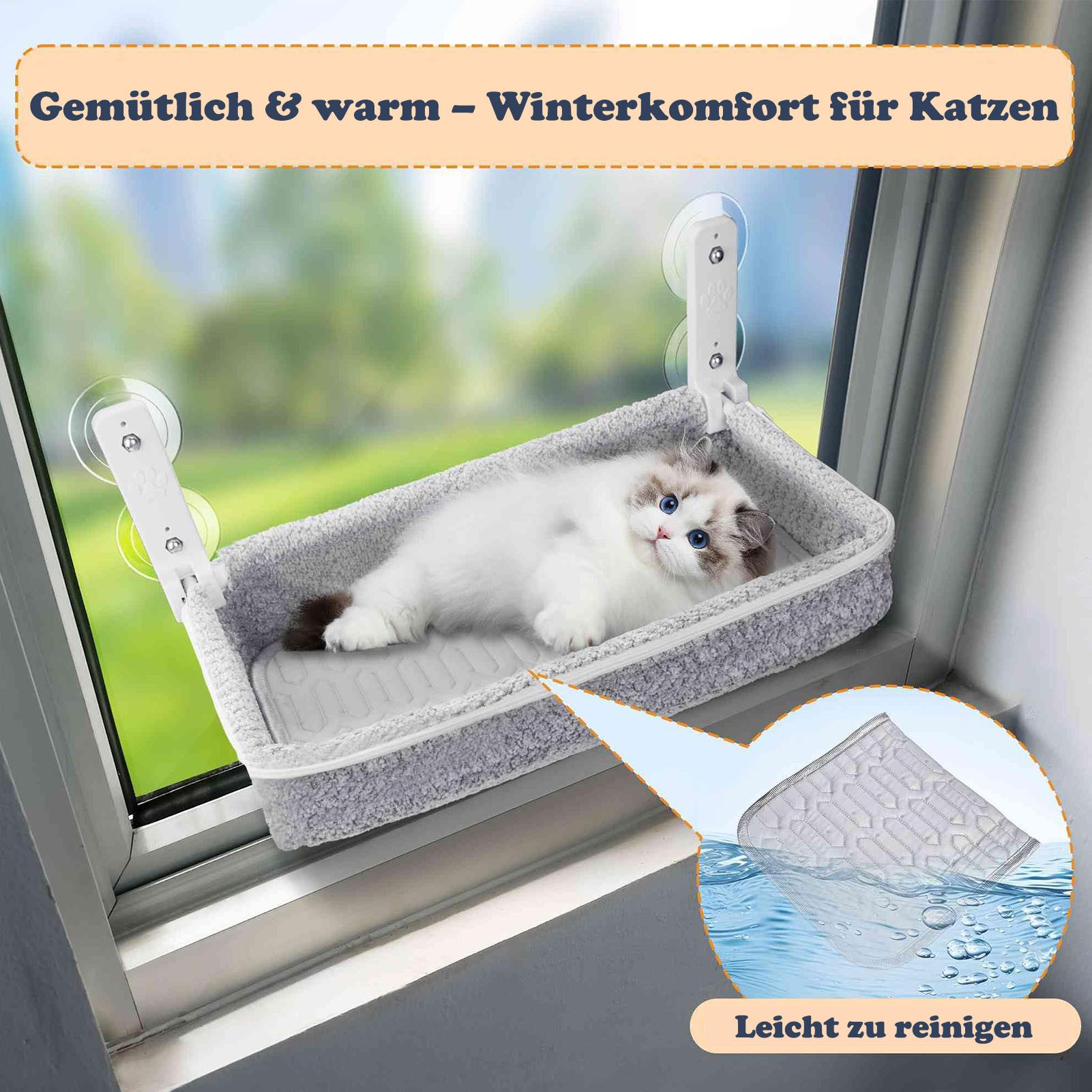 SURFOU Katzen-Hängematte Katzenfensterliege Katzen hängematte mit Saugnäpfen Fenster Katzenbett, 30*52*10cm, mit 4 stabilen Saugnäpfen. tragkraft bis 18 kg, abnehmbar