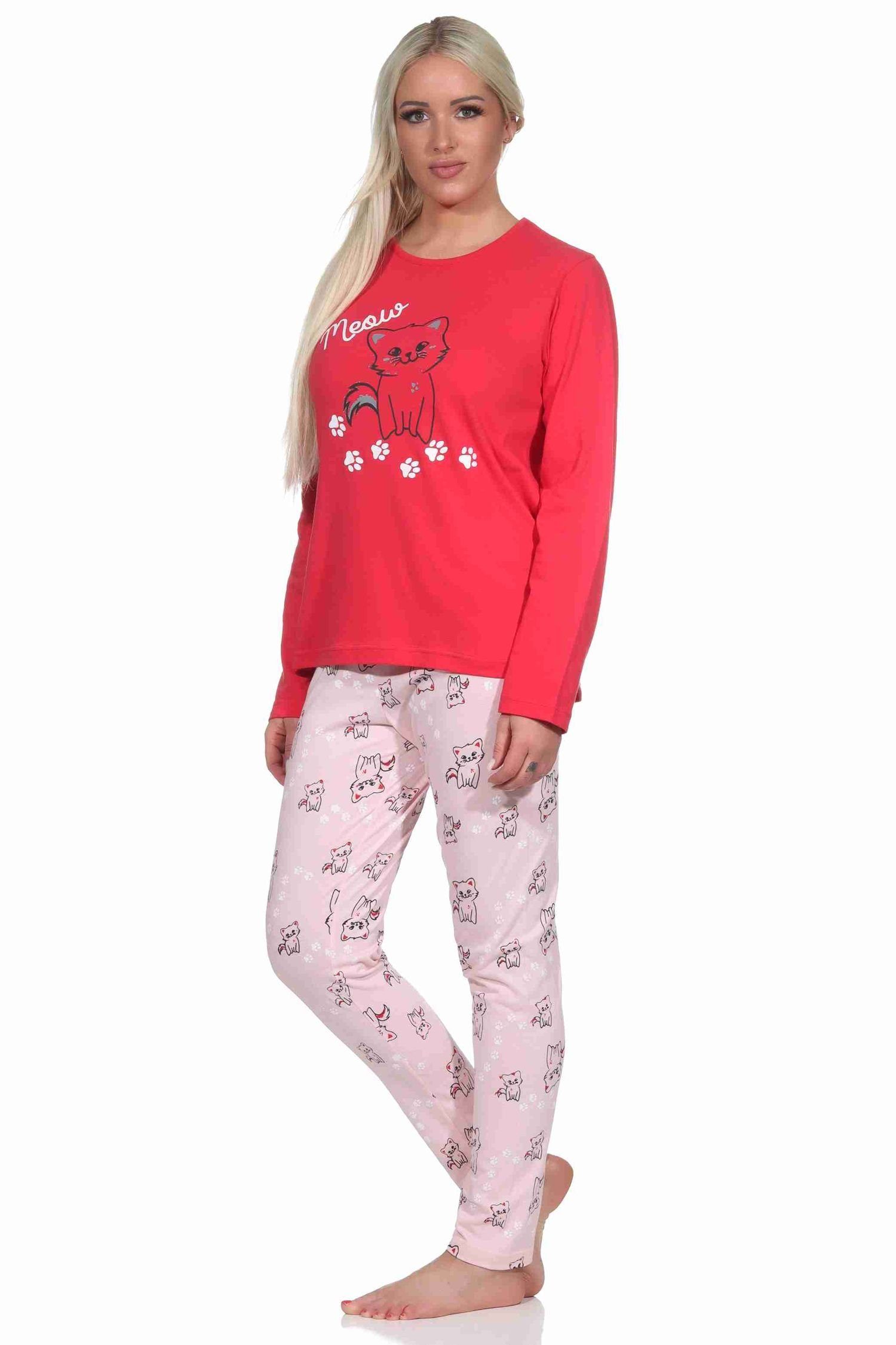 - Pyjama Pyjama Katzen Schlafanzug Damen lang Normann Motiv mit pink Süsser