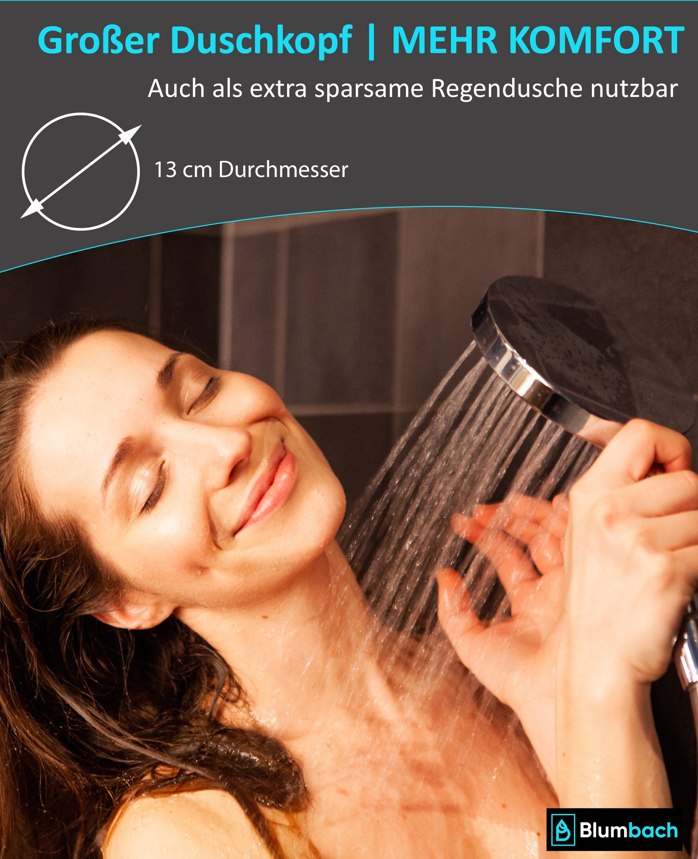 Blumbach Handbrause - Duschkopf Eco Shower, (3 Strahlarten, sehr wassersparend - Wasserverbrauch nur 6 - 9 Liter/min), mit Antikalk Noppen - leicht zu Montieren ohne Werkzeug