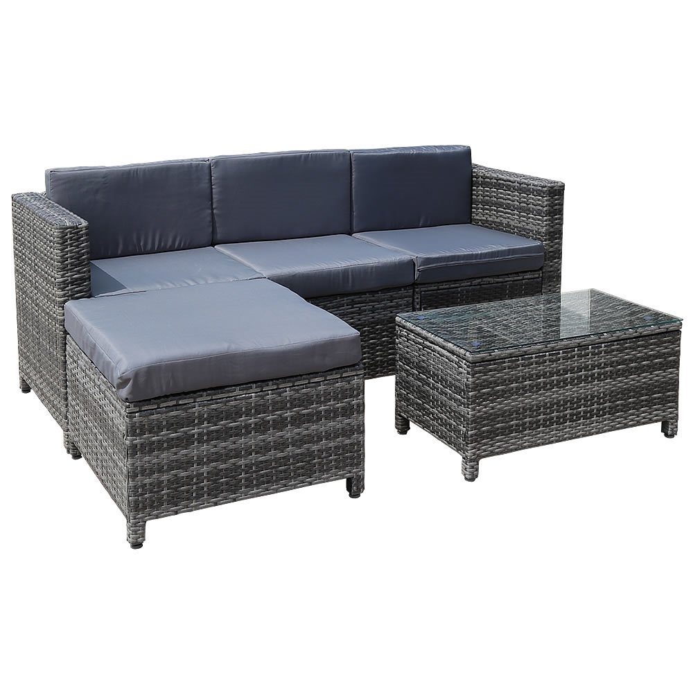 Mucola Gartenlounge-Set Sitzgarnitur Polyrattan Lounge Gartensofa Set Grau Rattanmöbel Liege, (Set, 5-tlg., Tisch mit 3-Sitzer Sofa und Hocker), inkl. Auflagen